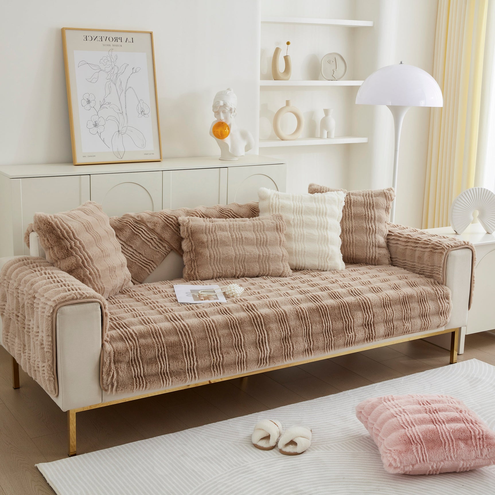 Soft Thick Faux Fur Sofa Cover Stripe Fluffy Fuzzy Non-Slip Washable Couch Covers - Ornate Home