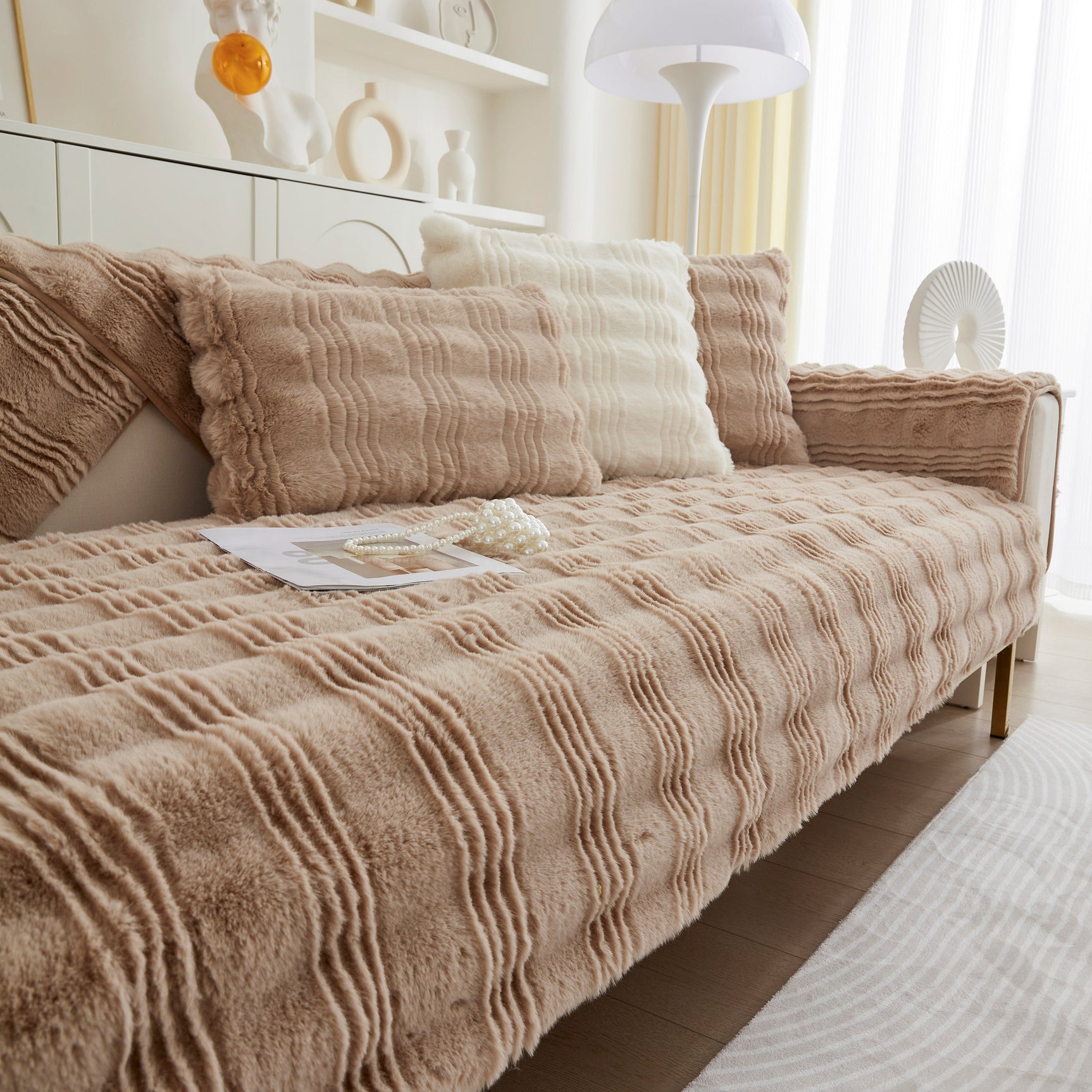 Soft Thick Faux Fur Sofa Cover Stripe Fluffy Fuzzy Non-Slip Washable Couch Covers - Ornate Home