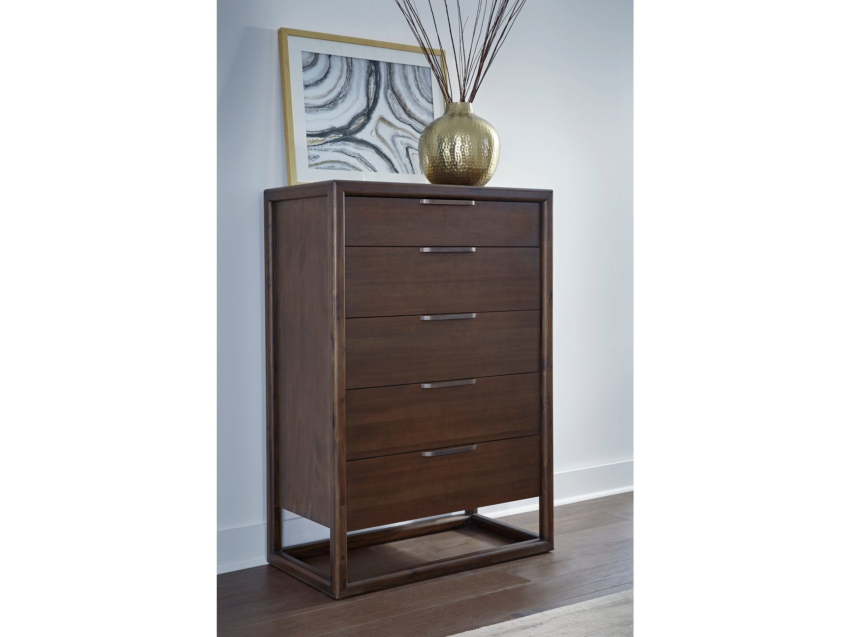 Sol Brown Spice Five Drawer Acacia Wood Chest - Ornate Home