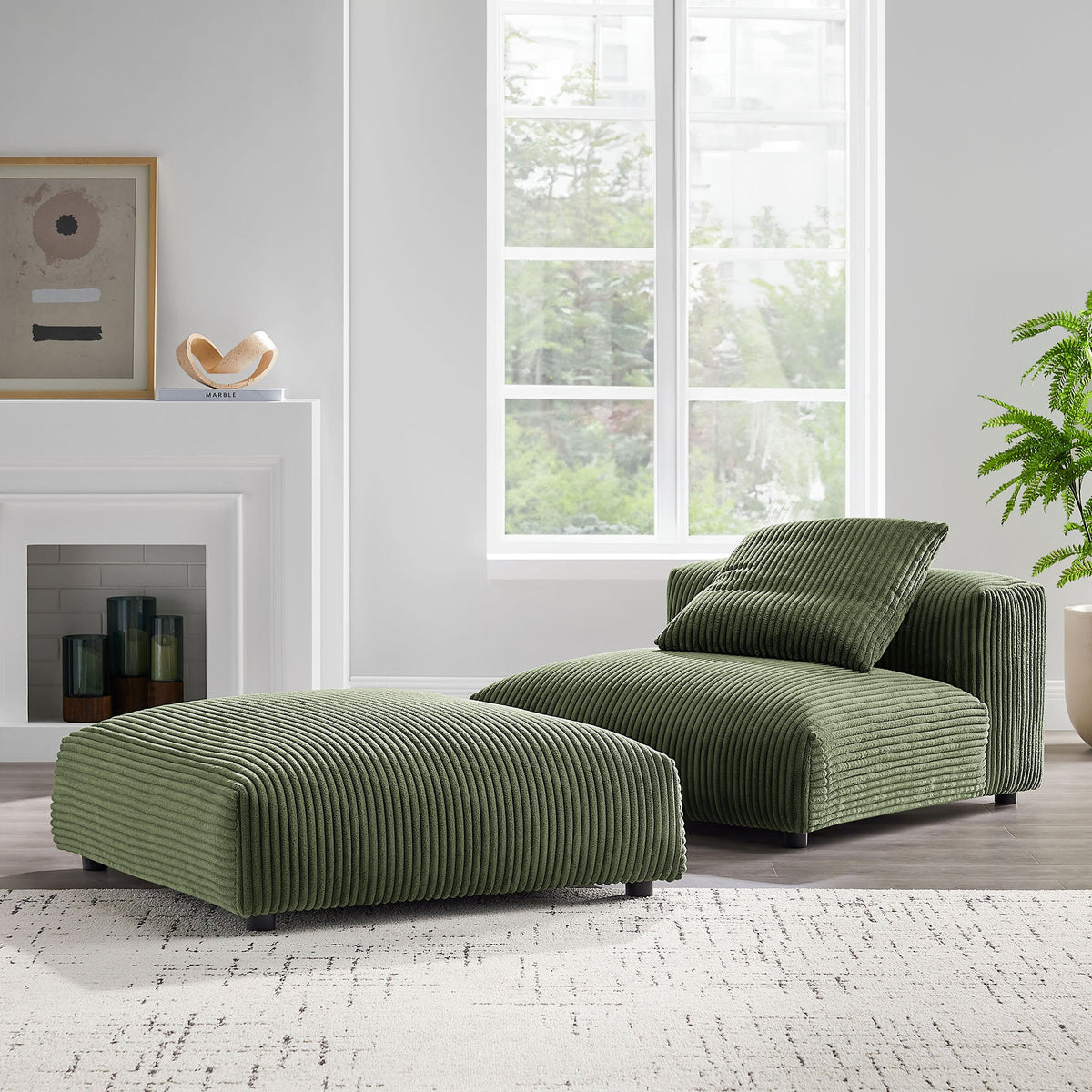 Solace Fern Modular Corduroy Upholstered Armless Chair and Ottoman Set - Ornate Home