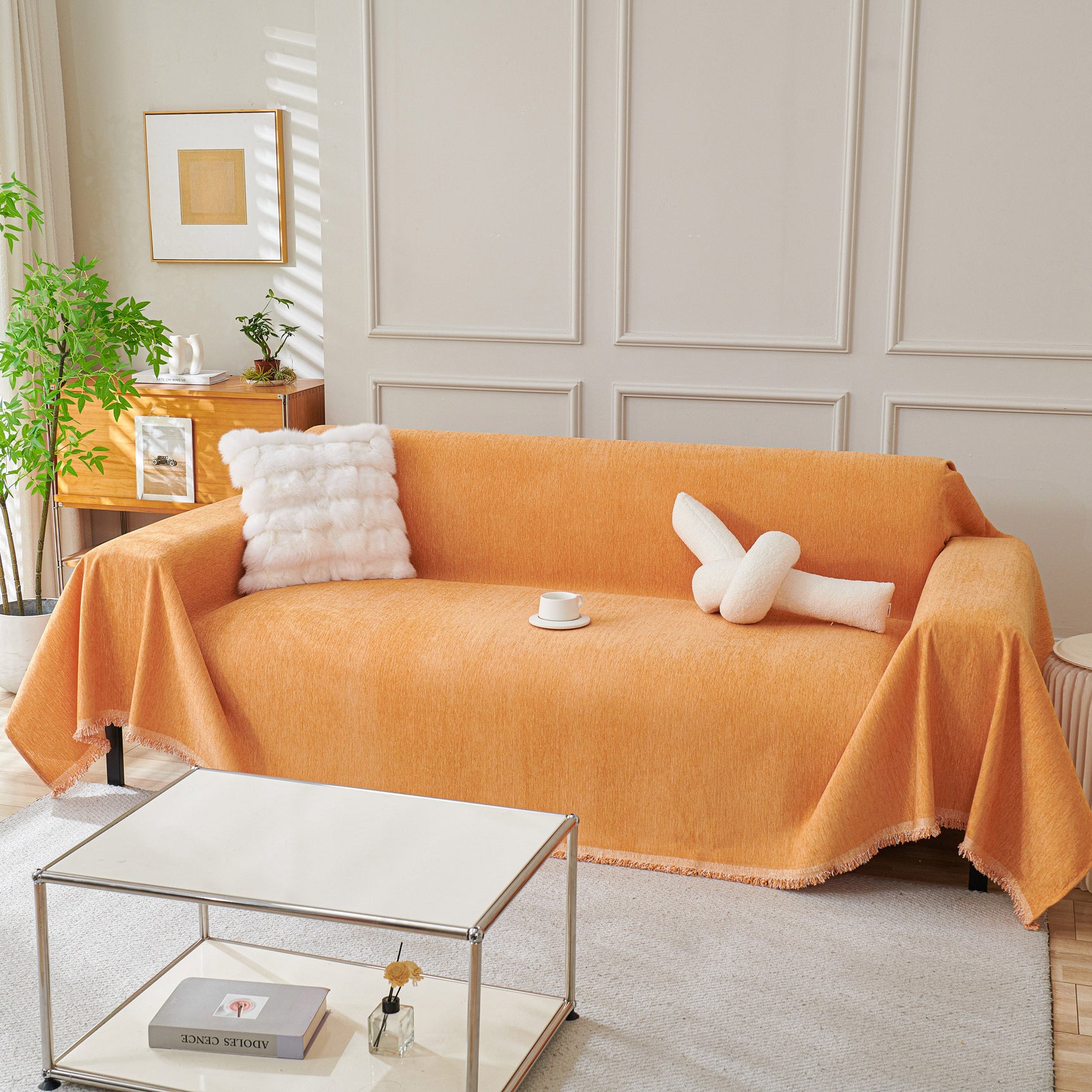 Solid Color Chenille Sofa Throw Blanket, Cozy & Easy Care Fringed Furniture Protector - Ornate Home
