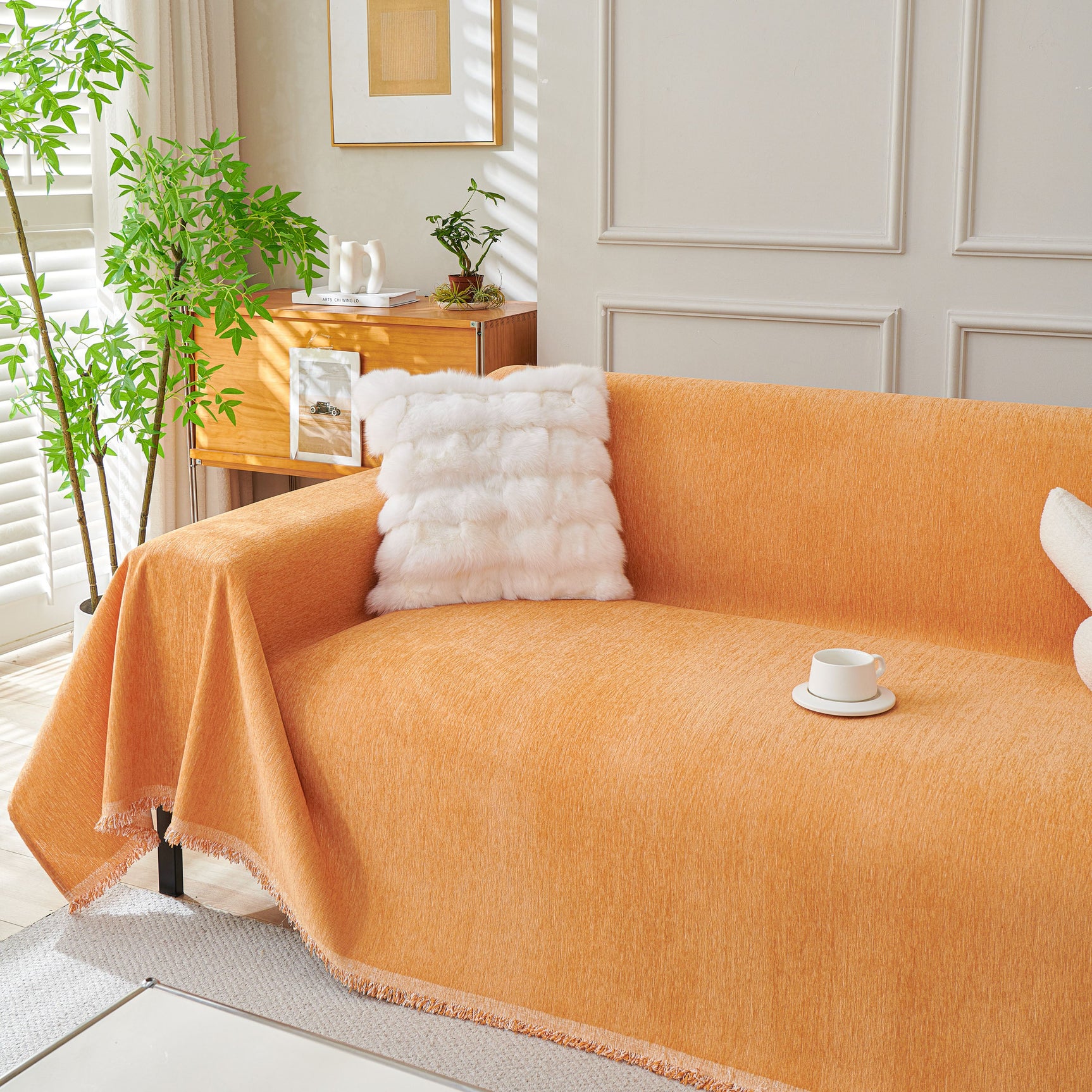Solid Color Chenille Sofa Throw Blanket, Cozy & Easy Care Fringed Furniture Protector - Ornate Home