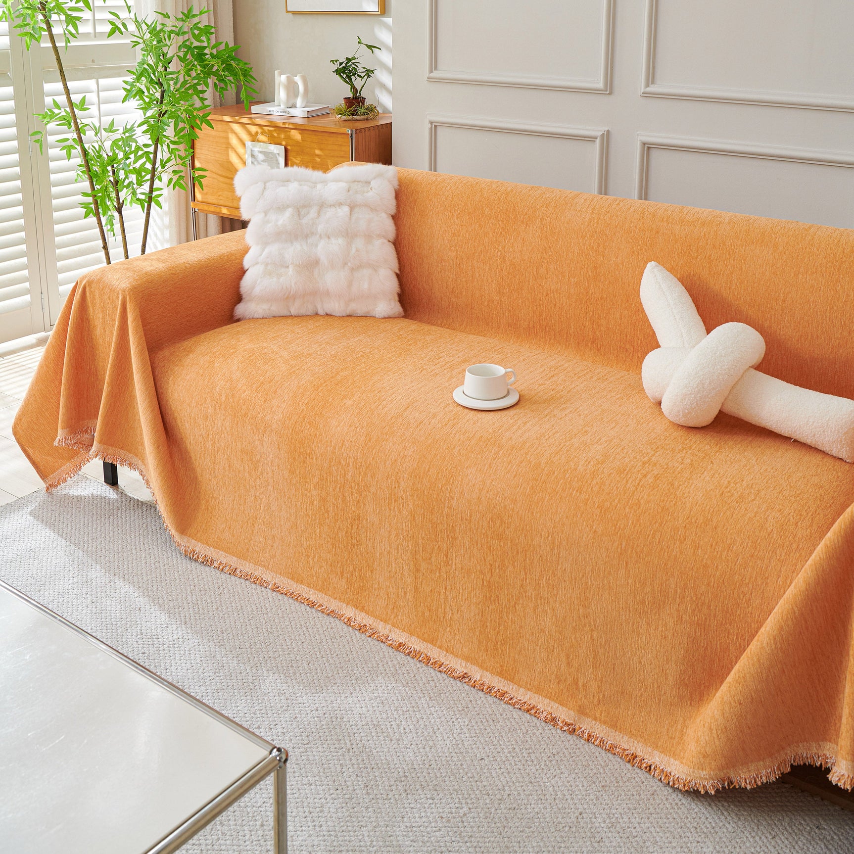 Solid Color Chenille Sofa Throw Blanket, Cozy & Easy Care Fringed Furniture Protector - Ornate Home