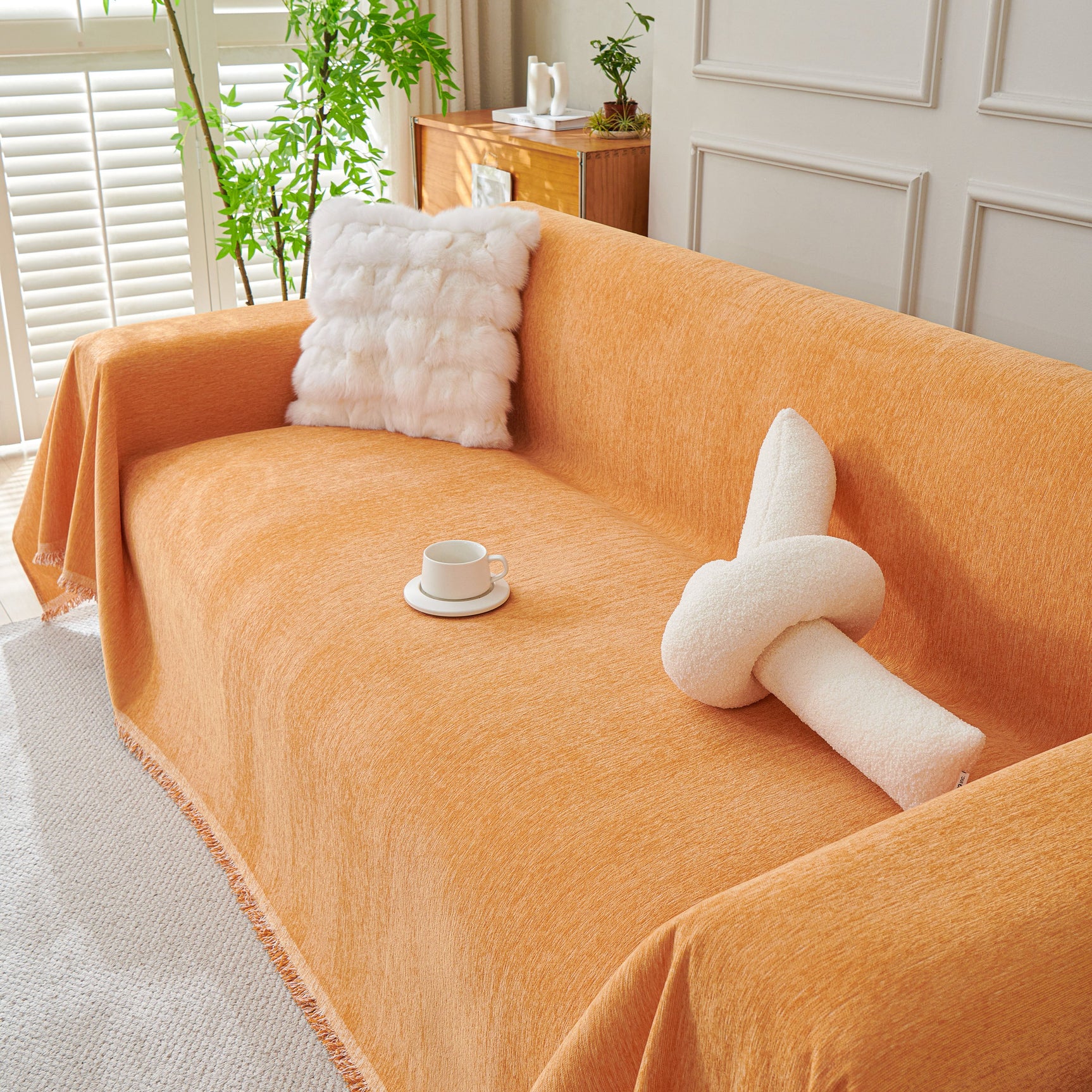 Solid Color Chenille Sofa Throw Blanket, Cozy & Easy Care Fringed Furniture Protector - Ornate Home