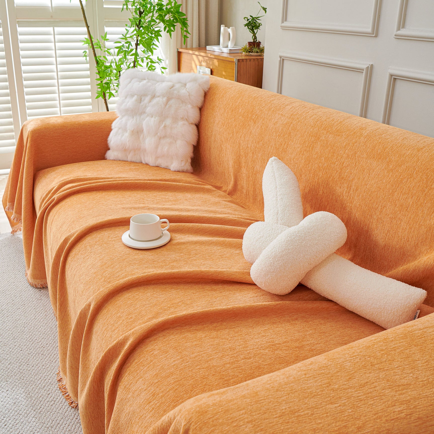 Solid Color Chenille Sofa Throw Blanket, Cozy & Easy Care Fringed Furniture Protector - Ornate Home