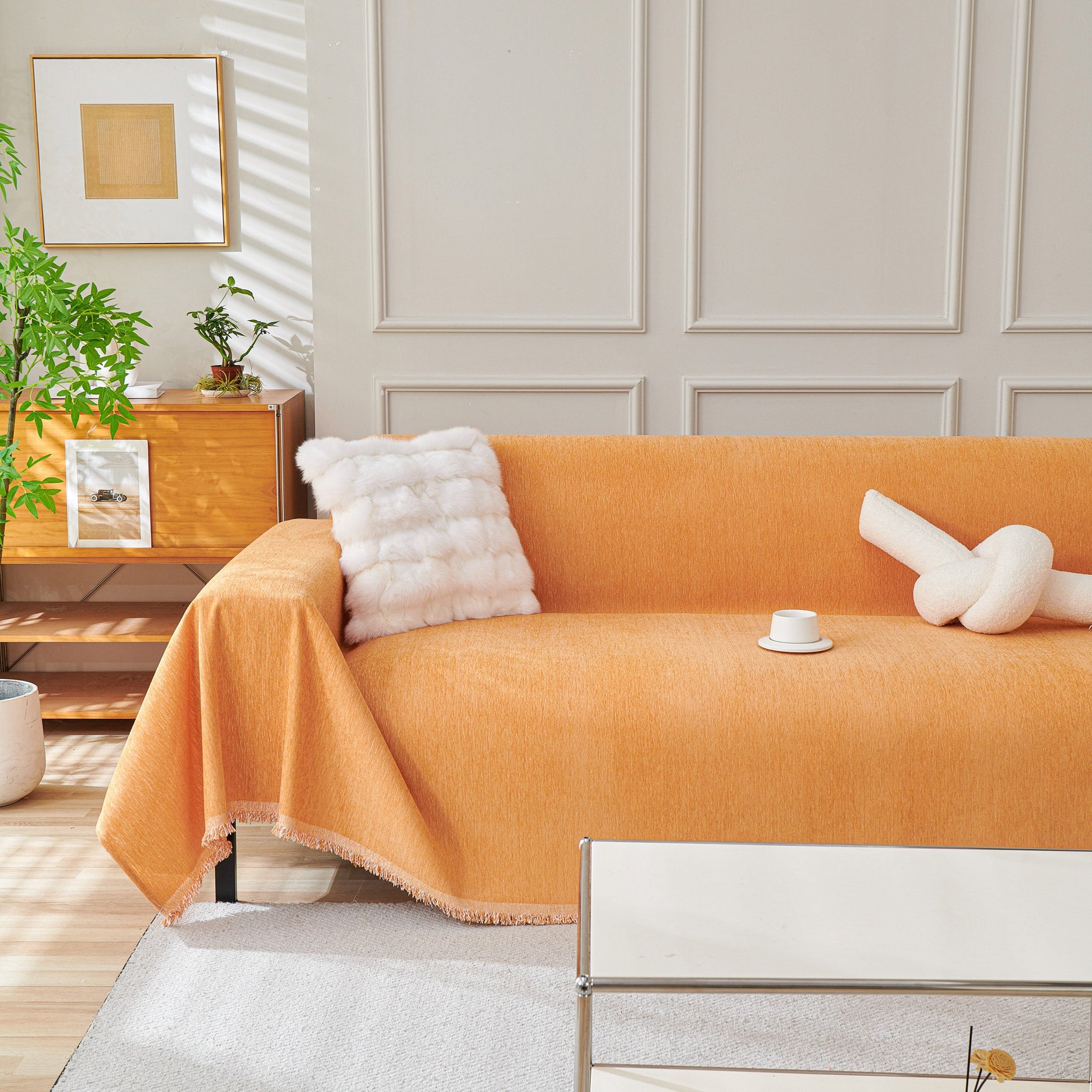 Solid Color Chenille Sofa Throw Blanket, Cozy & Easy Care Fringed Furniture Protector - Ornate Home