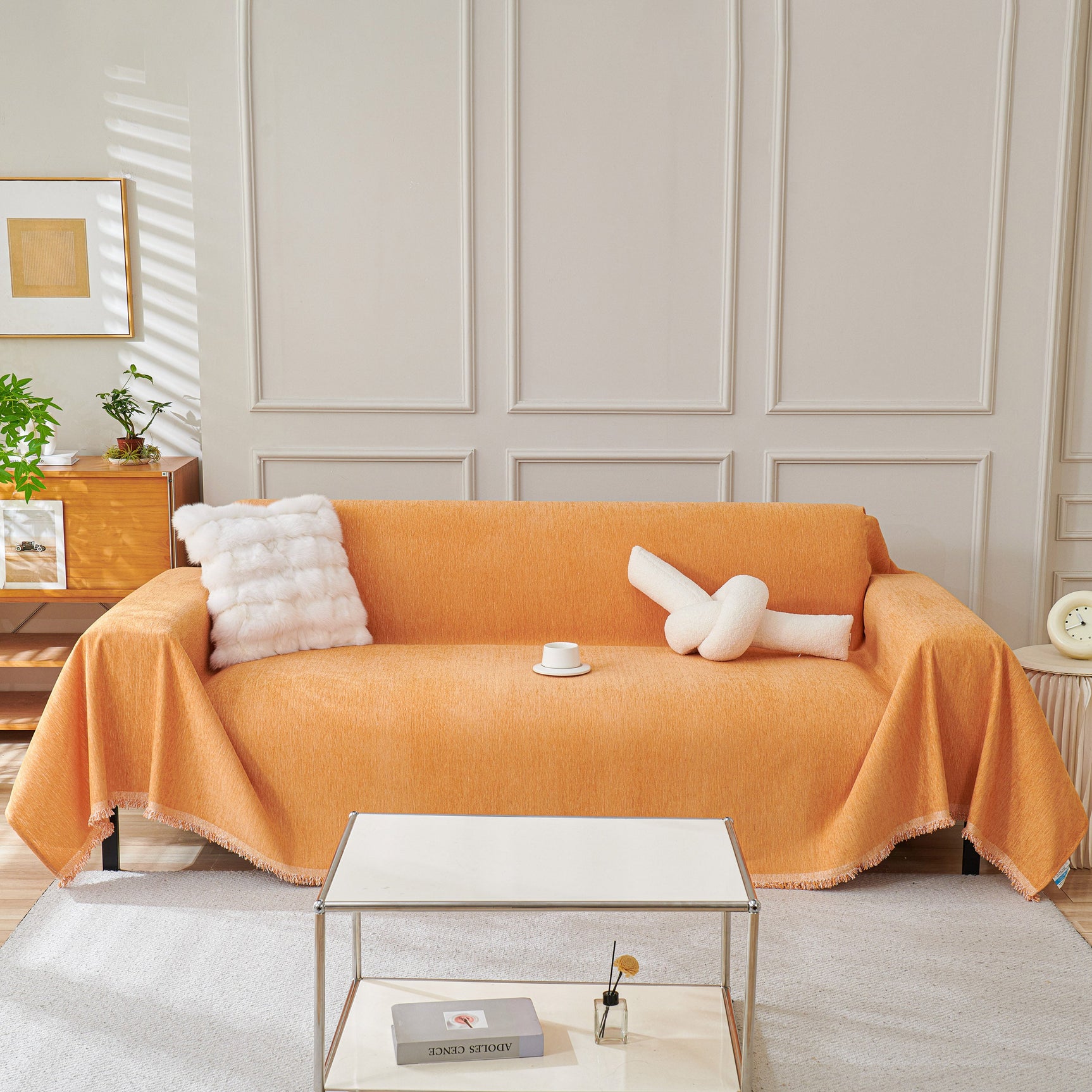 Solid Color Chenille Sofa Throw Blanket, Cozy & Easy Care Fringed Furniture Protector - Ornate Home