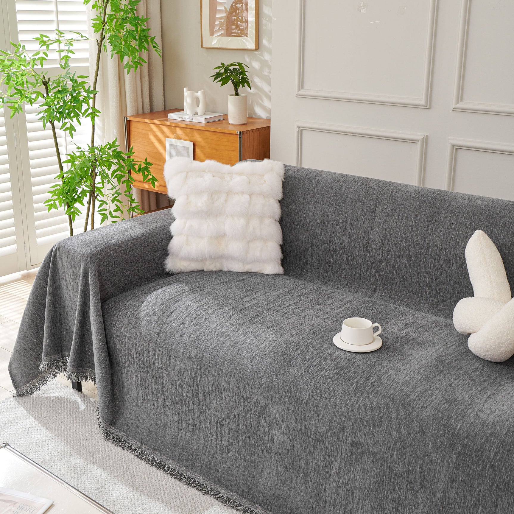Solid Color Chenille Sofa Throw Blanket, Cozy & Easy Care Fringed Furniture Protector - Ornate Home