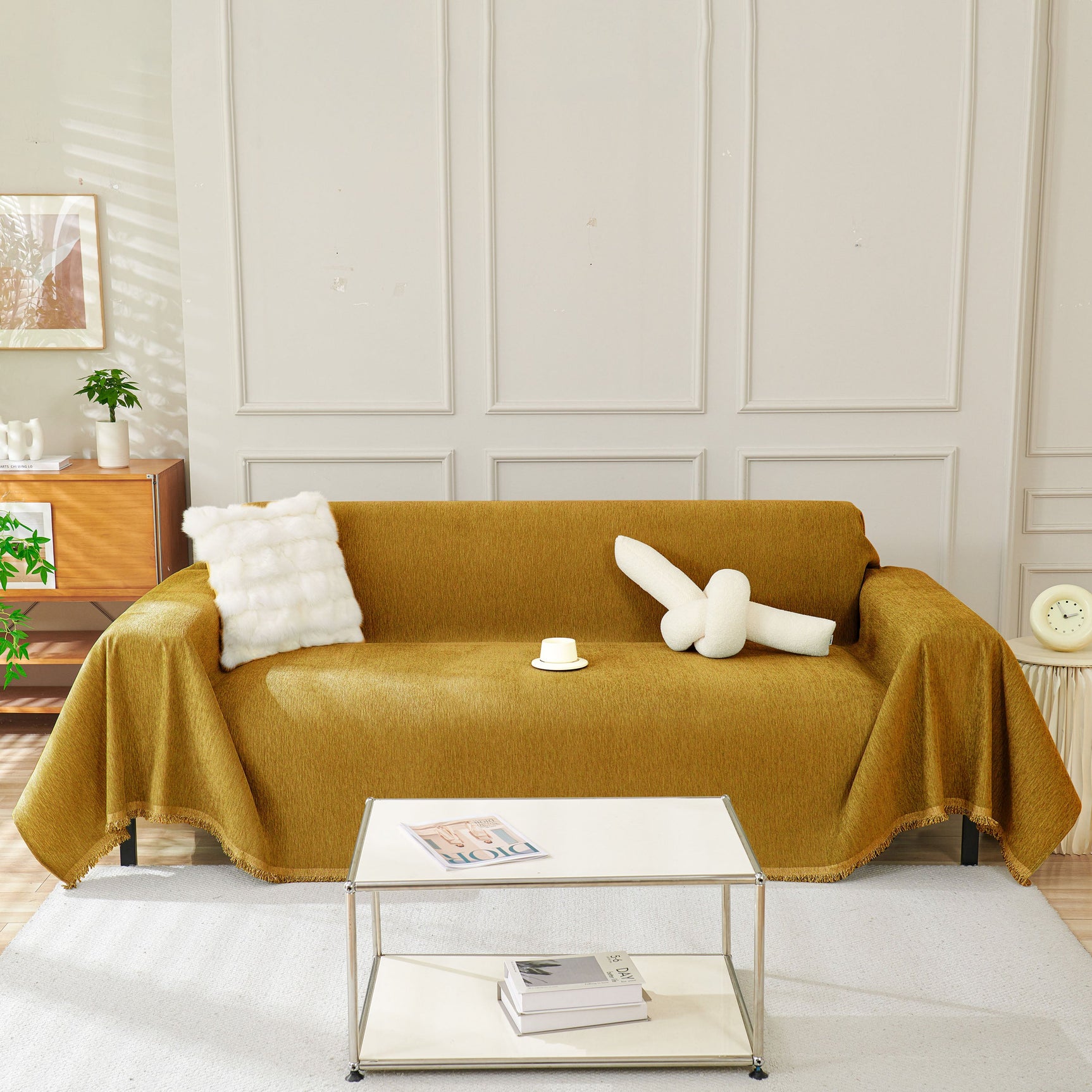Solid Color Chenille Sofa Throw Blanket, Modern Decor Soft Couch Cover with Fringes - Ornate Home