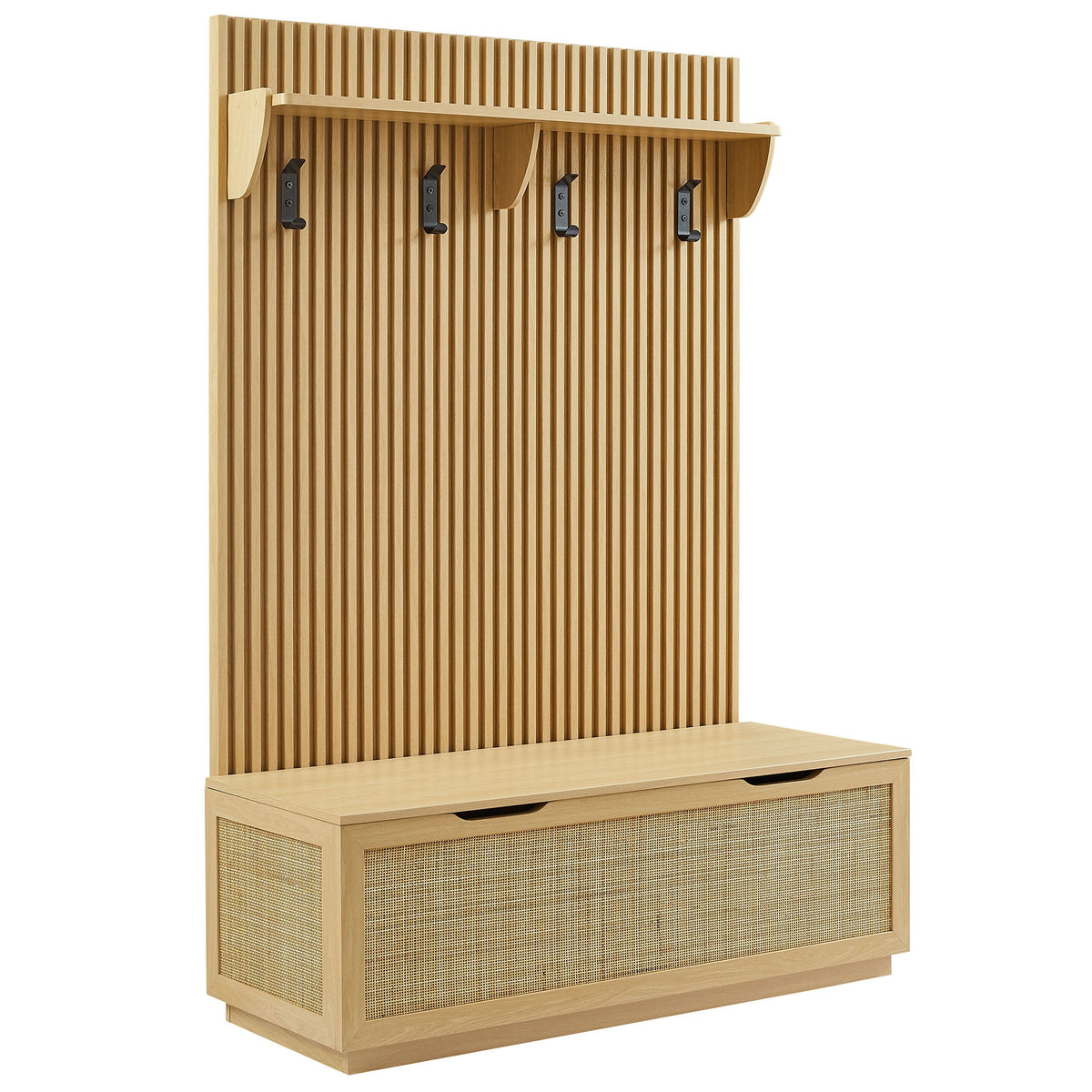 Soma Light Oak Fluted 3-in-1 Hall Tree With Storage Bench and Coat Rack - Ornate Home