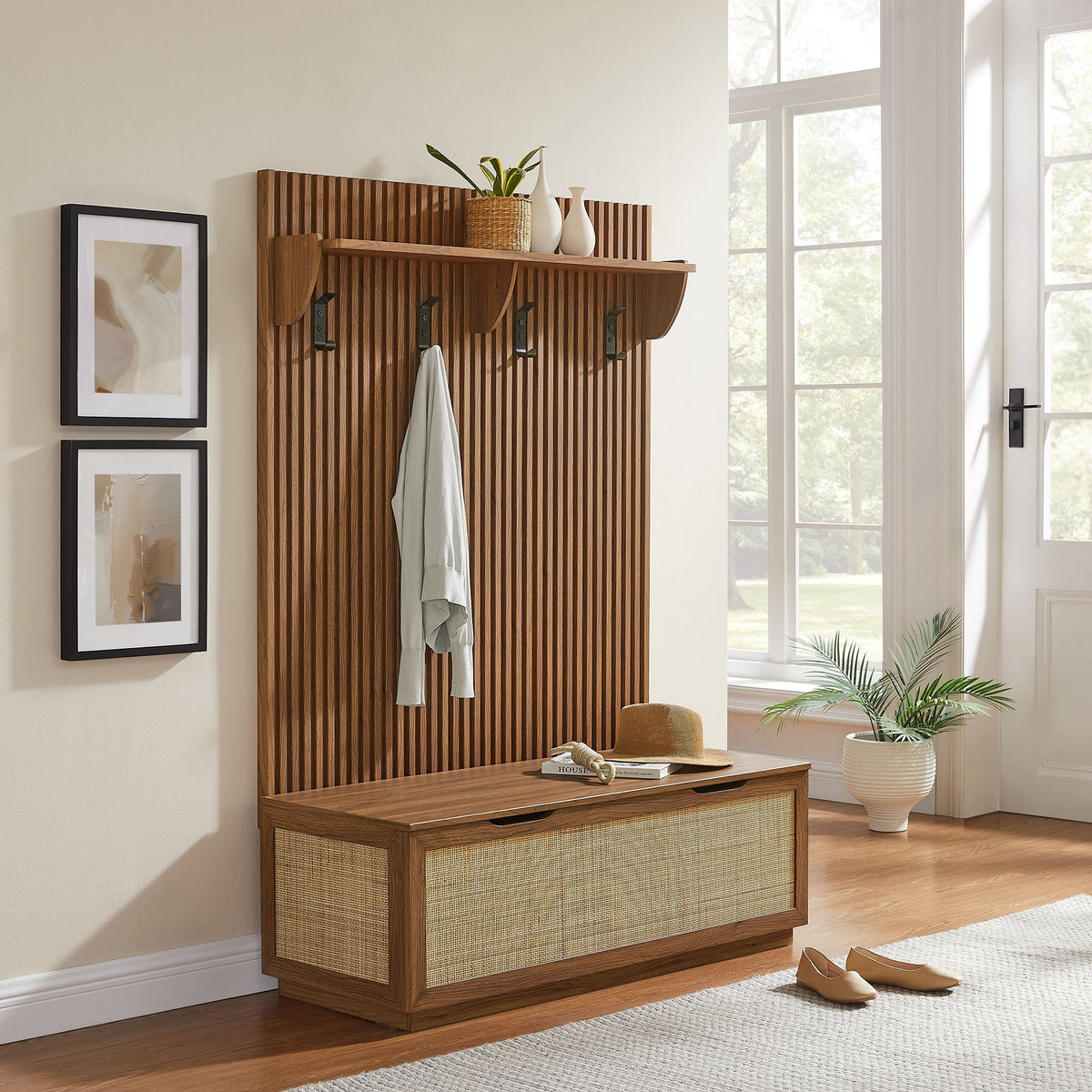 Soma Walnut Fluted 3-in-1 Hall Tree With Storage Bench and Coat Rack - Ornate Home