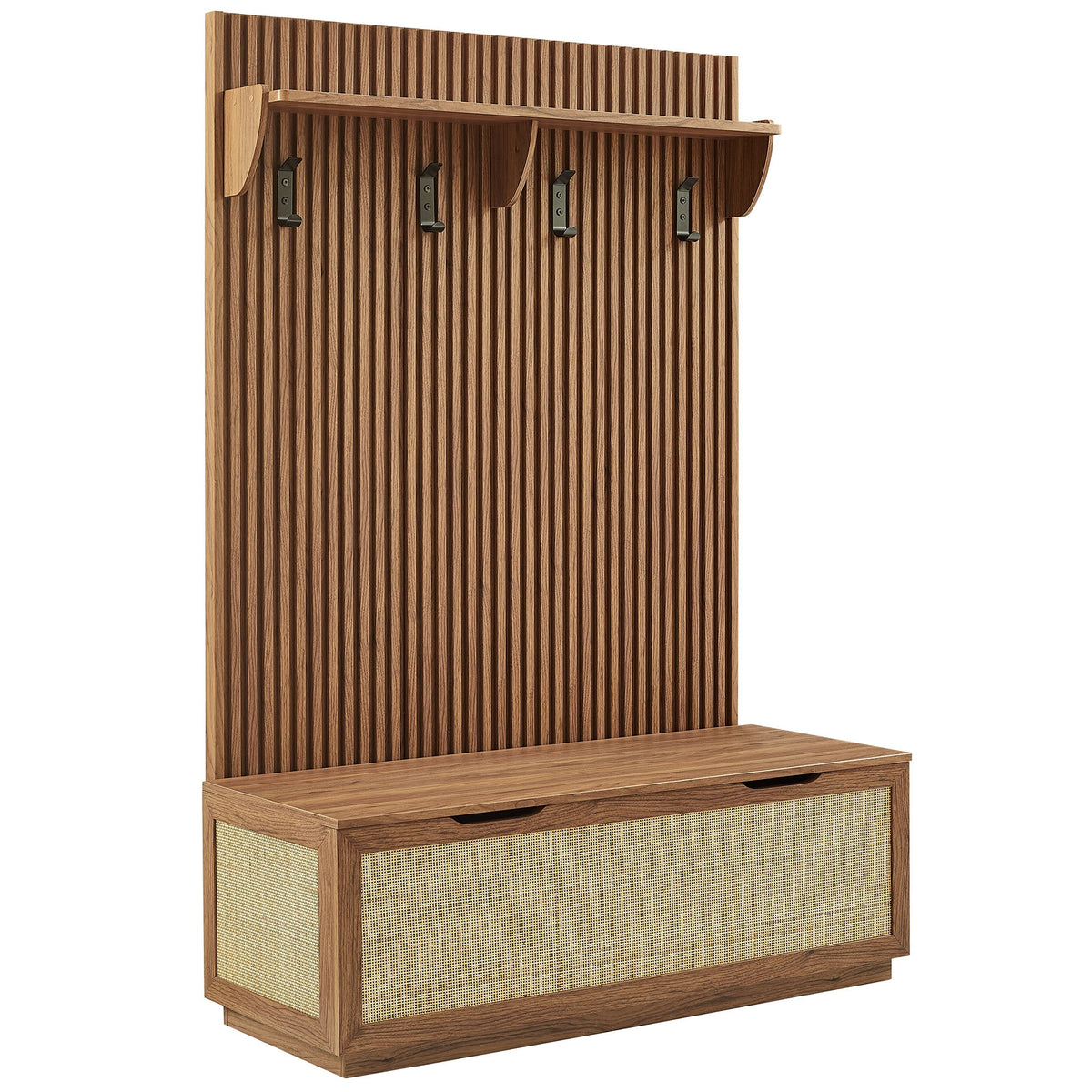 Soma Walnut Fluted 3-in-1 Hall Tree With Storage Bench and Coat Rack - Ornate Home