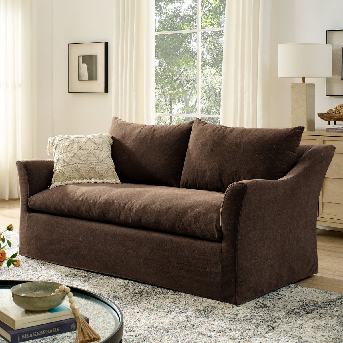 Somerset Cocoa 70" Linen Blend Slipcovered Loveseat - Ornate Home