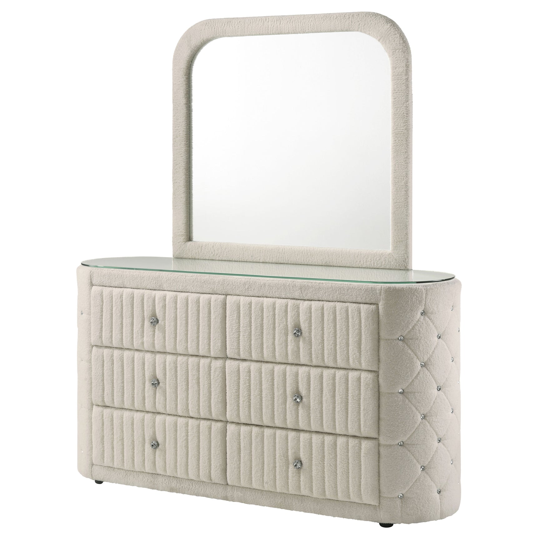 Sonya Ivory 6-drawer Upholstered Bedroom Dresser with Mirror - Ornate Home