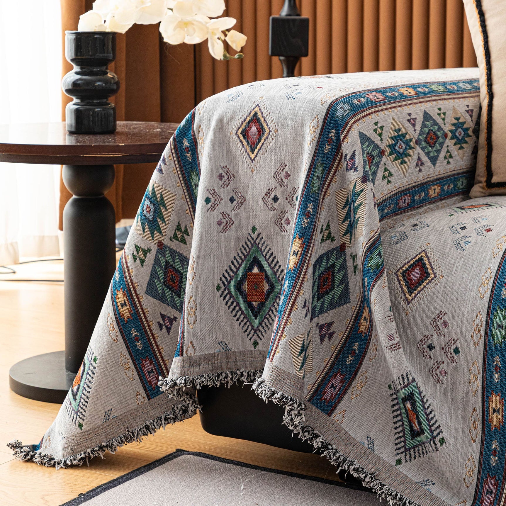 Southwestern Boho Woven Tribal Sofa Cover Blanket, Rustic Farmhouse Couch Throw Cover - Ornate Home