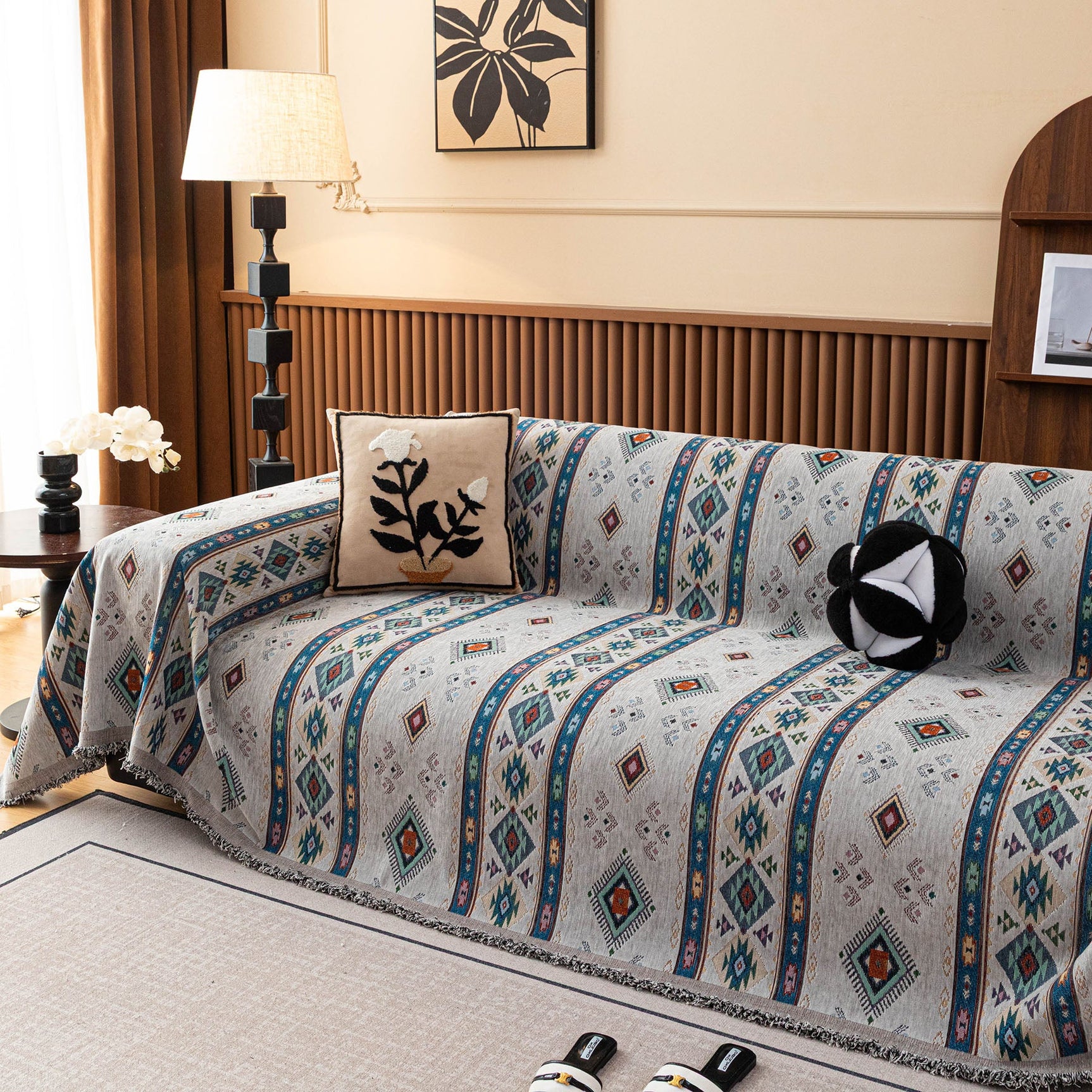 Southwestern Boho Woven Tribal Sofa Cover Blanket, Rustic Farmhouse Couch Throw Cover - Ornate Home