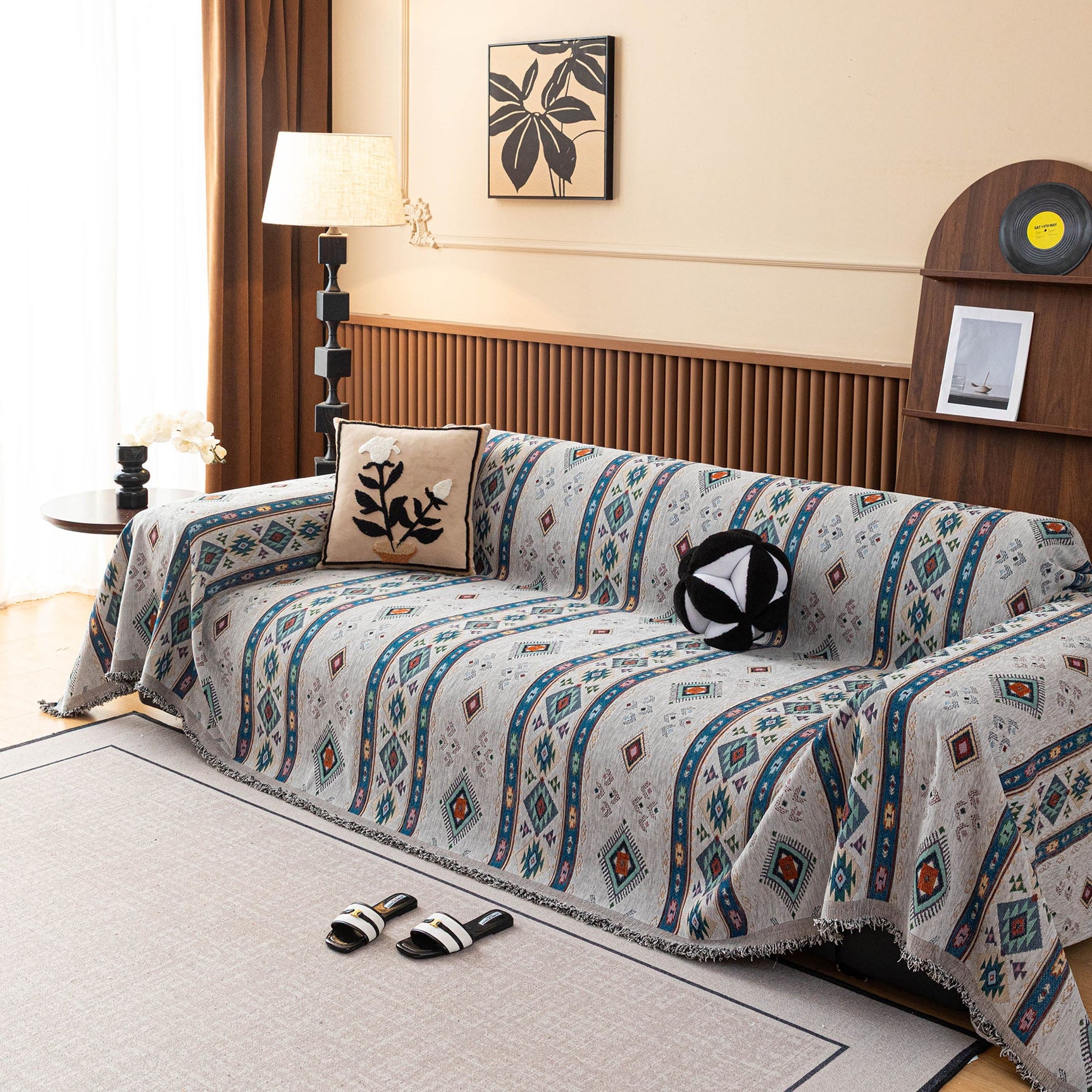 Southwestern Boho Woven Tribal Sofa Cover Blanket, Rustic Farmhouse Couch Throw Cover - Ornate Home