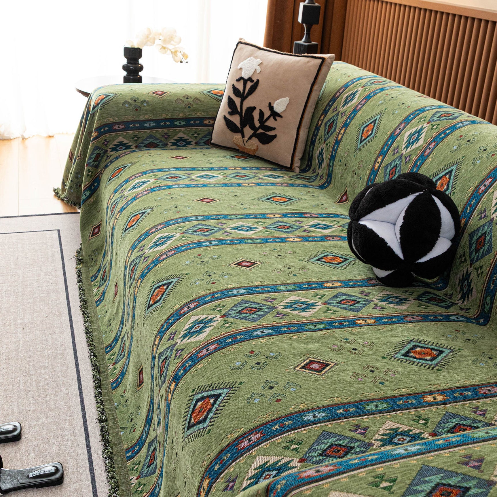 Southwestern Boho Woven Tribal Sofa Cover Blanket, Rustic Farmhouse Couch Throw Cover - Ornate Home