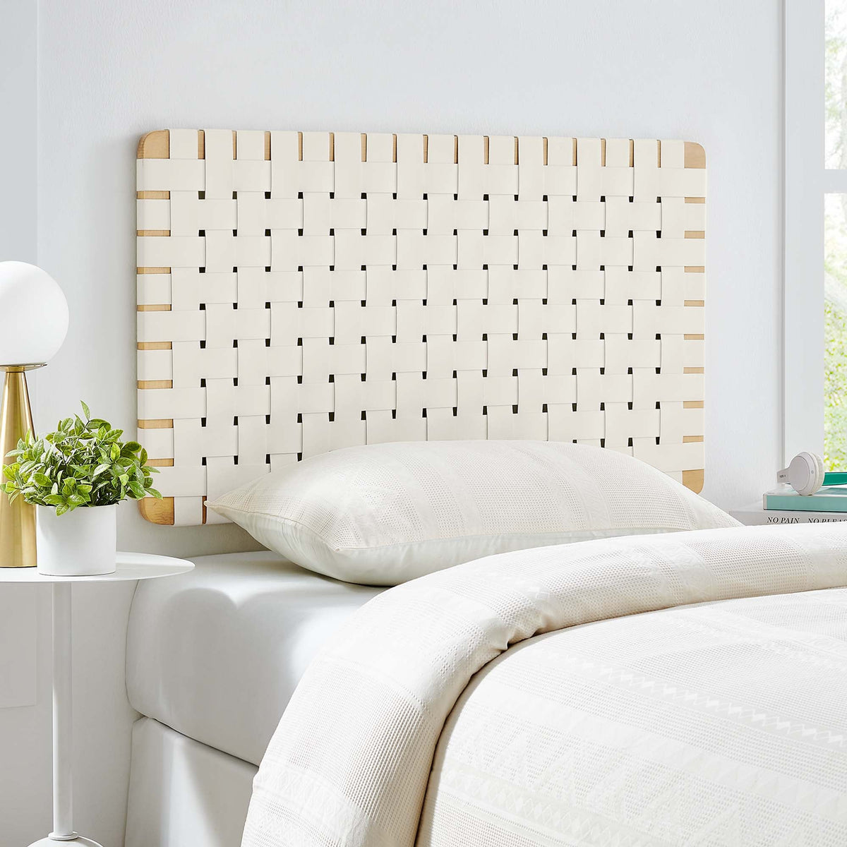 Sparta Natural/Beige Weave Wall-Mount Vegan Leather Twin Headboard - Ornate Home