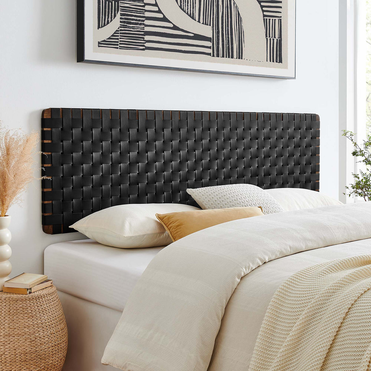 Sparta Walnut/Black Weave Wall-Mount Vegan Leather King Headboard - Ornate Home