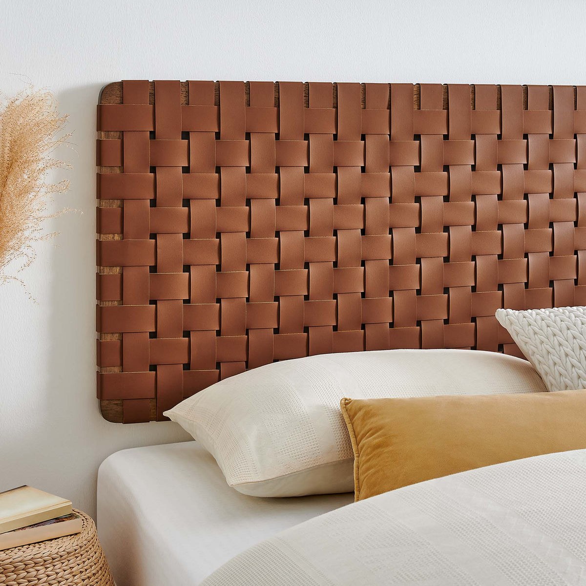 Sparta Walnut/Brown Weave Wall-Mount Vegan Leather King Headboard - Ornate Home