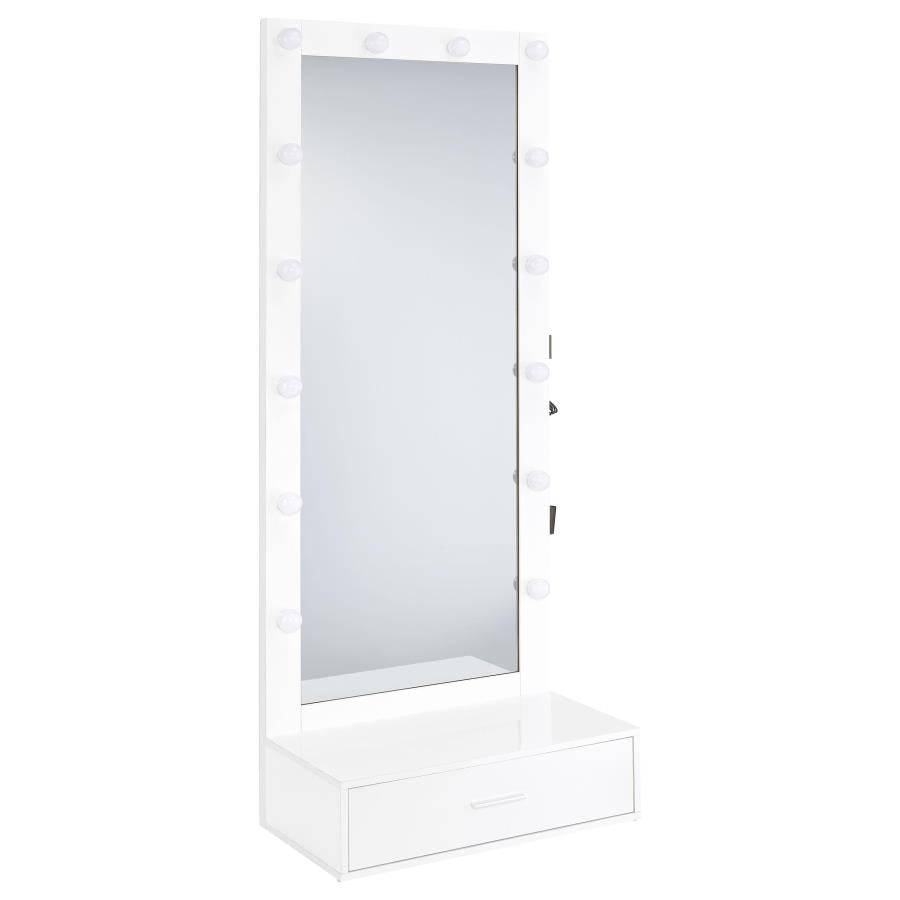 Spector White High Gloss 1-drawer Lighted Full-Length Floor Mirror - Ornate Home