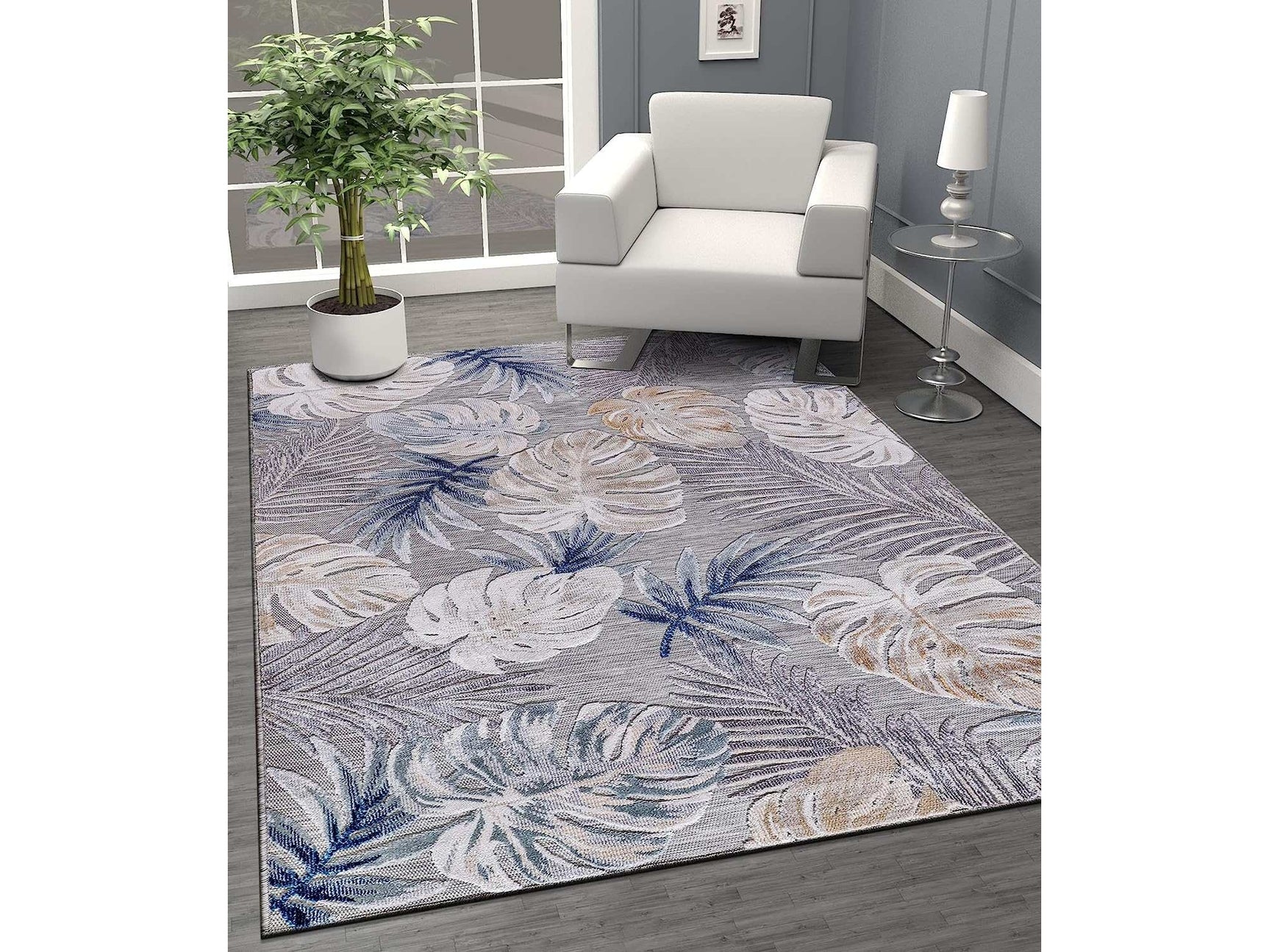 Spring Blue Leaf Tropical Botanical Non-Shedding Indoor/Outdoor Area Rugs - Ornate Home