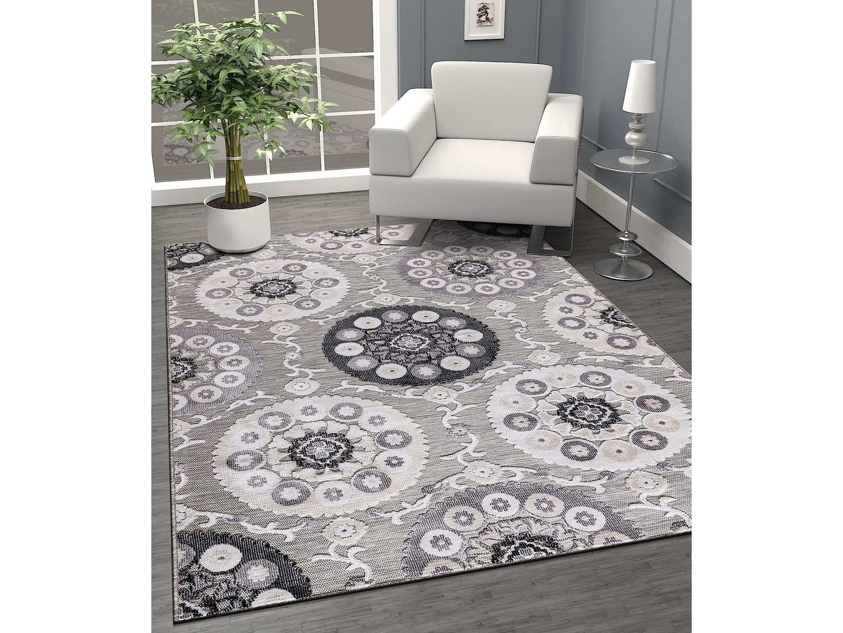Spring Gray Bohemian Medallion Floral Non-Shedding Indoor/Outdoor Area Rugs - Ornate Home