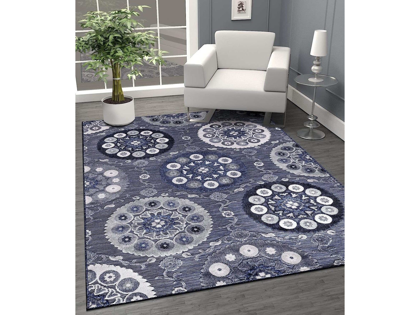 Spring Navy Color Bohemian Medallion Floral Non-Shedding Indoor/Outdoor Area Rugs - Ornate Home