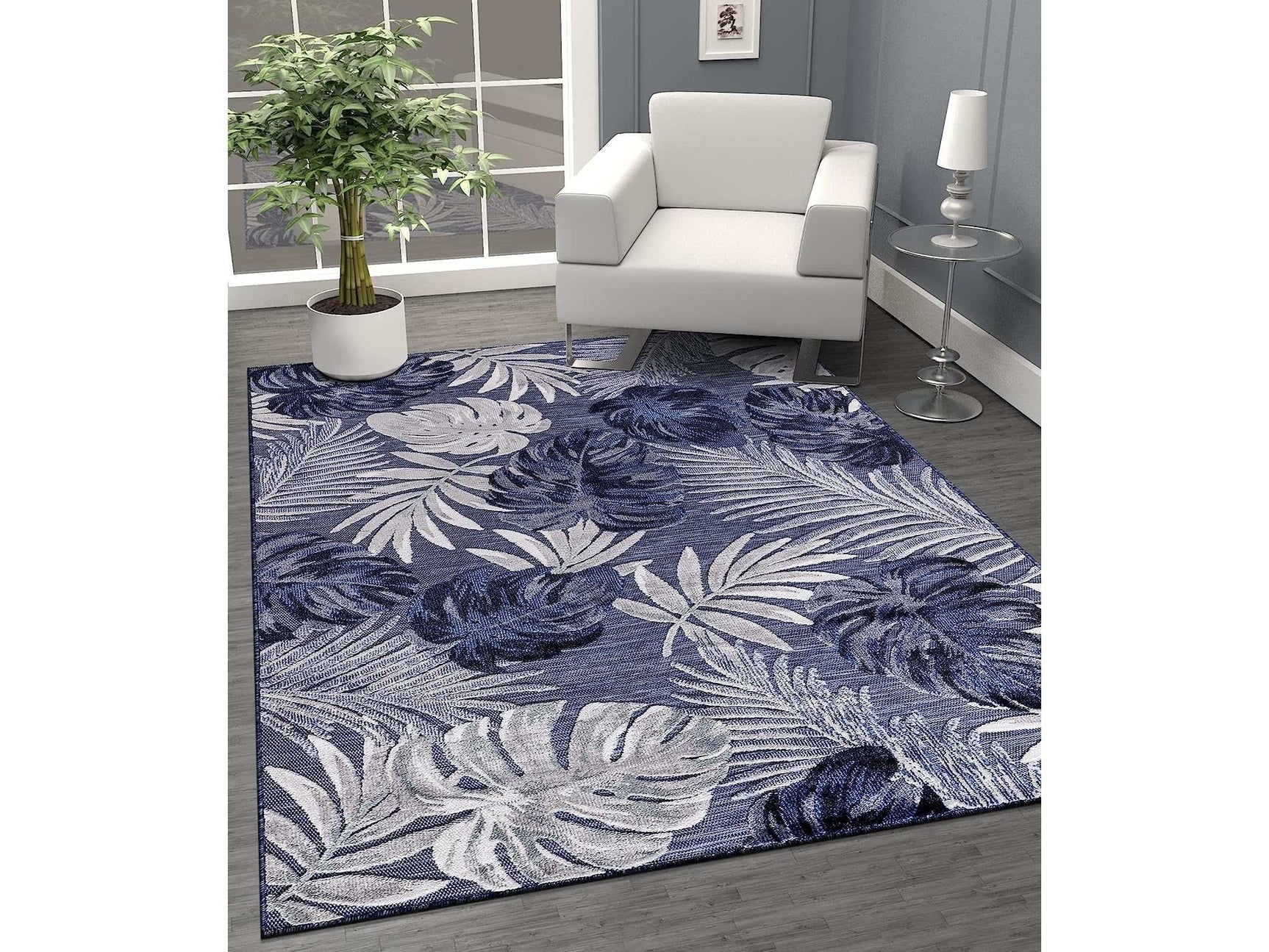 Spring Navy Leaf Tropical Botanical Non-Shedding Indoor/Outdoor Area Rugs - Ornate Home