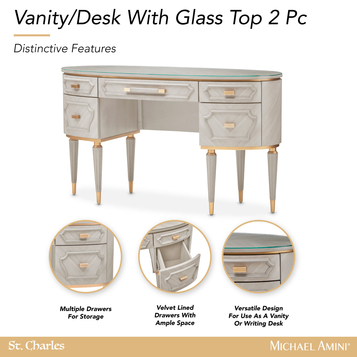 St. Charles Dove Gray Vanity Desk with Glass Top - Ornate Home