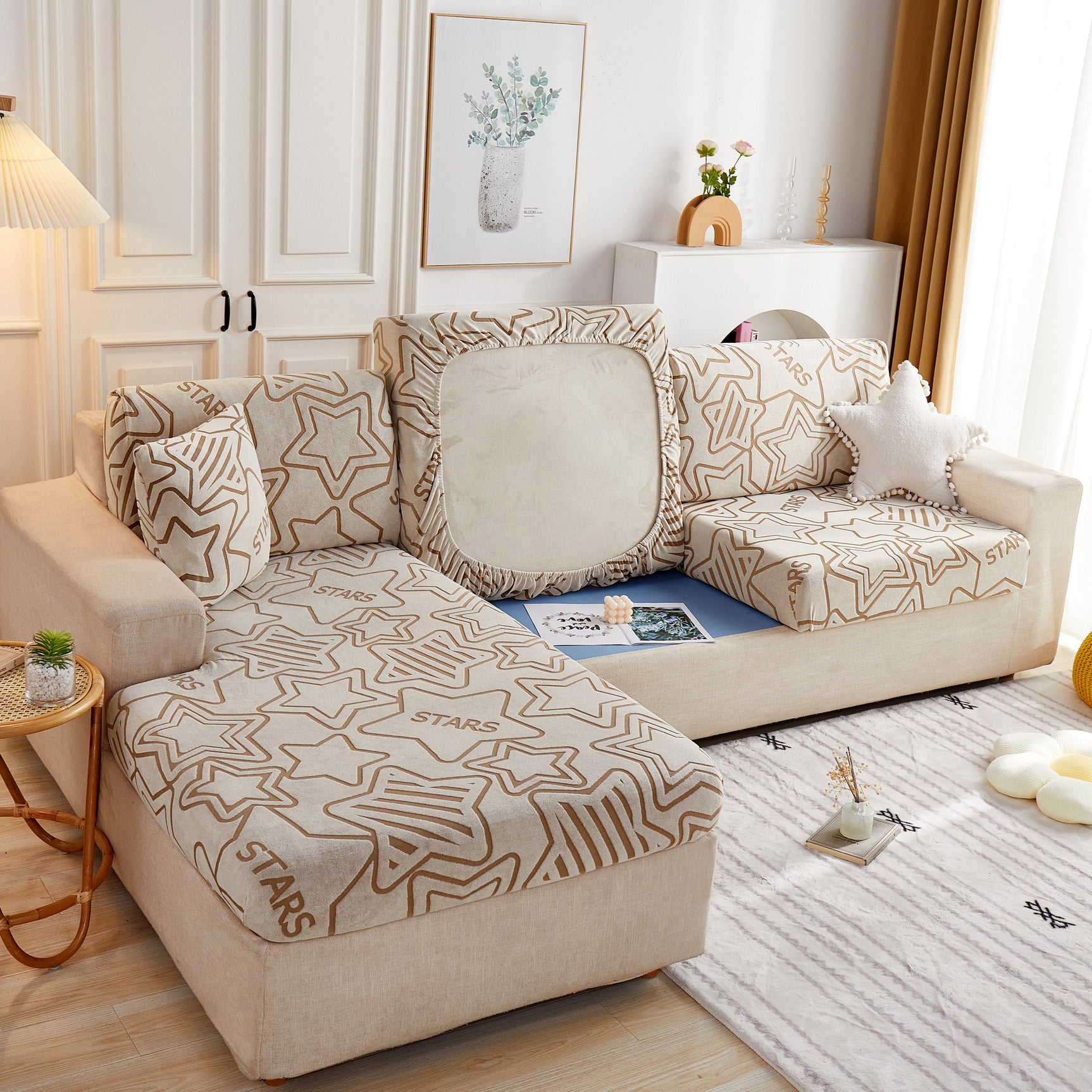 Starry Sky Jacquard Fleece Stretchable Non-Slip Cushion Covers Furniture Covers for L-Shaped Couch - Ornate Home