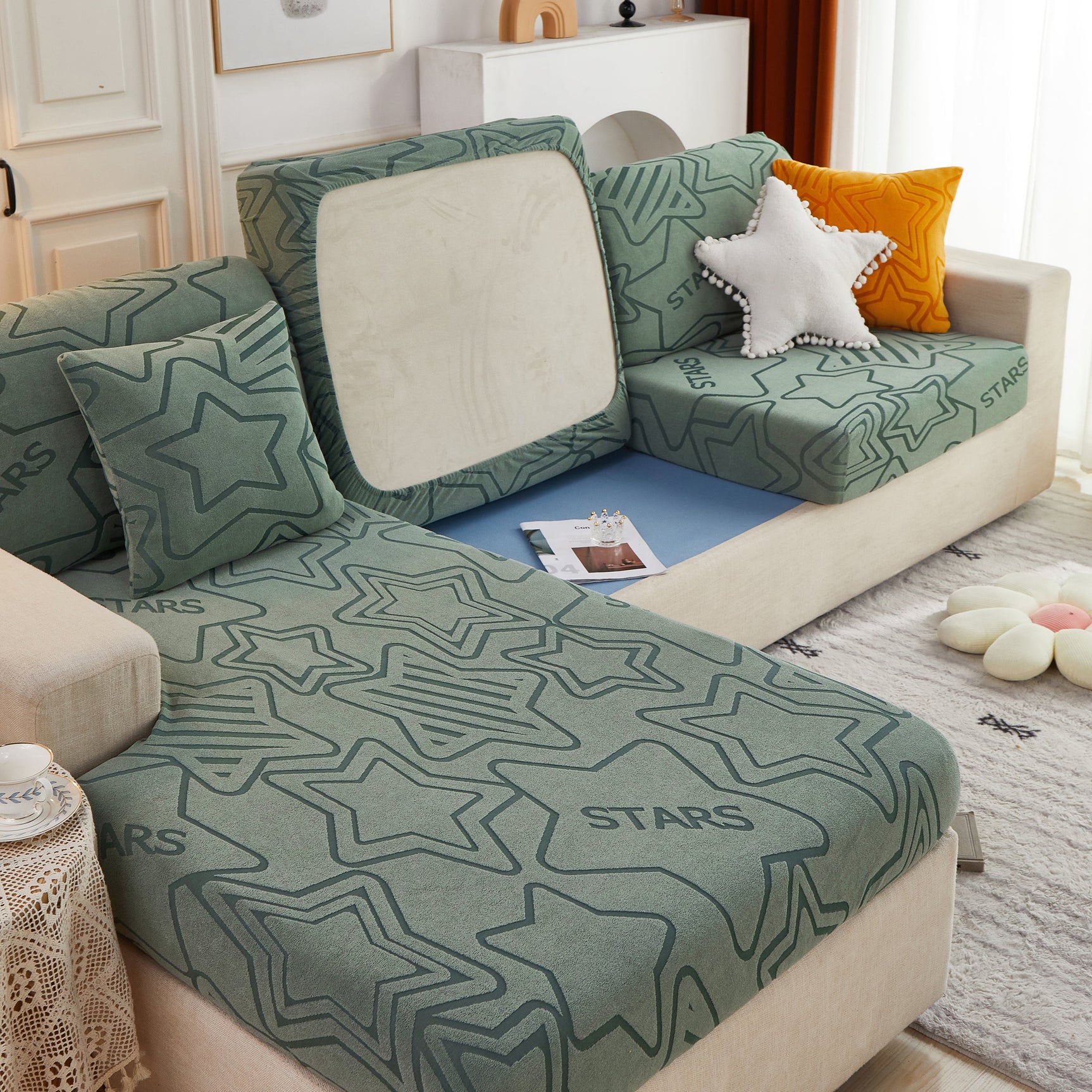 Starry Sky Jacquard Fleece Stretchable Non-Slip Cushion Covers Furniture Covers for L-Shaped Couch - Ornate Home