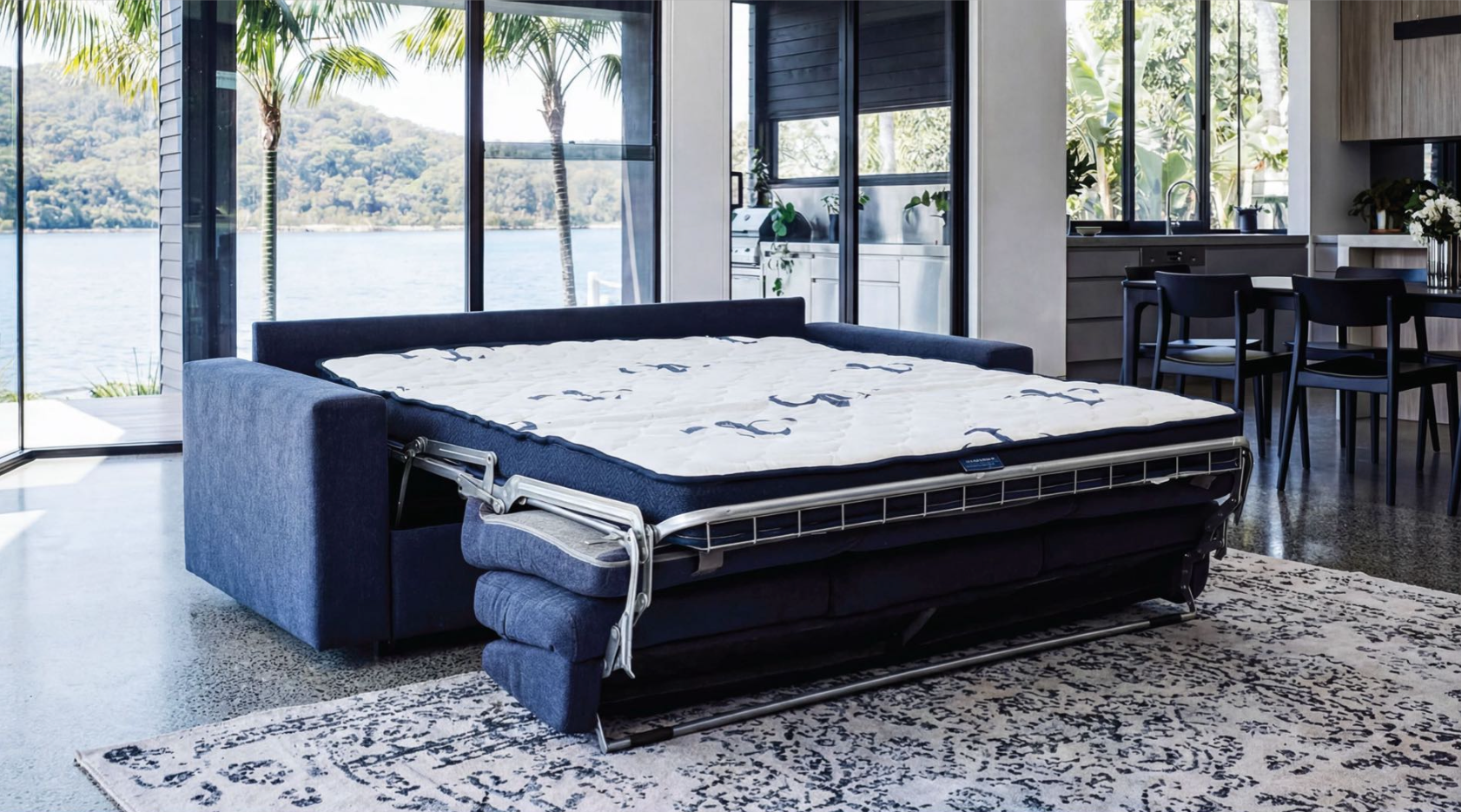 Stearns & Foster® Paolo Deep Blue Queen Sleeper Sofa w/ Memory Foam Mattress - Ornate Home