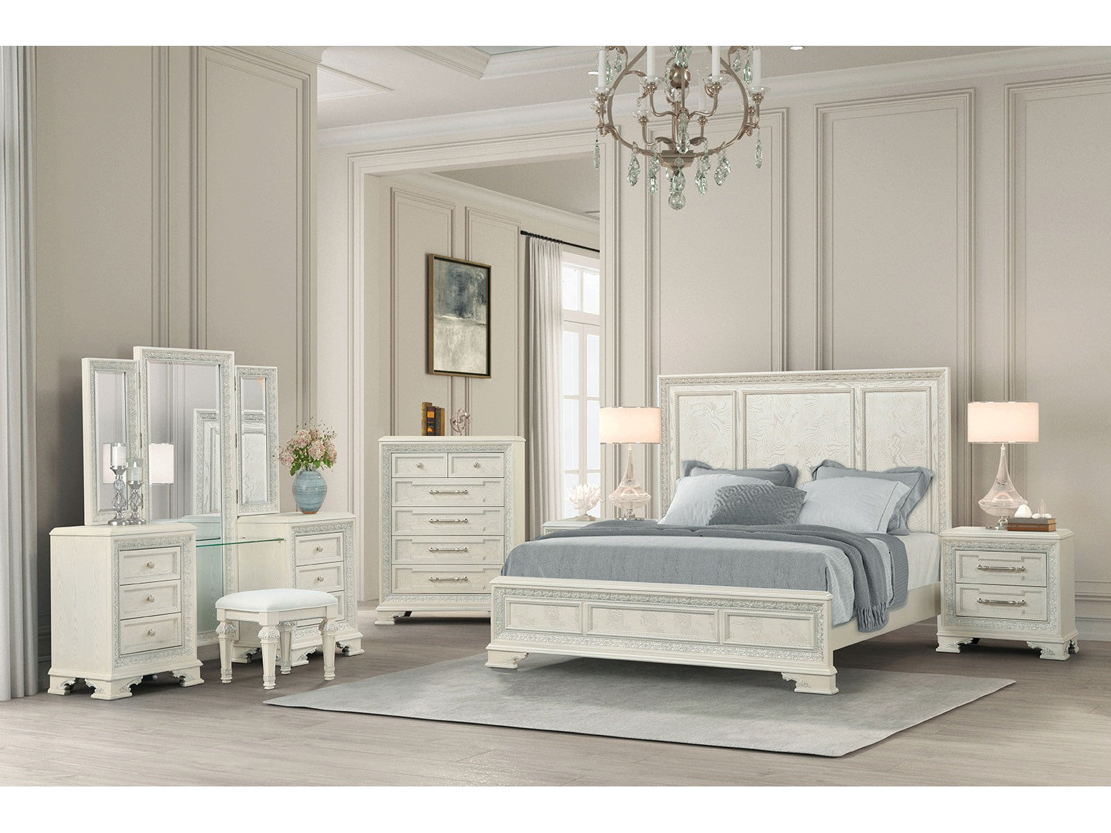 Stella Mia Creamy White Queen 5 Piece Bedroom Set w/Chest - Ornate Home