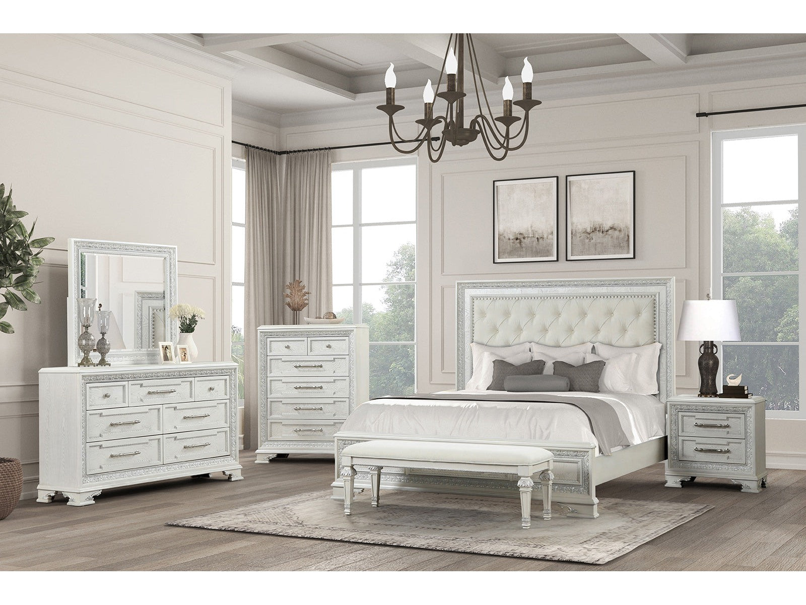 Stella Mia Creamy White Queen Full 5 Piece Bedroom Set w/2 Nightstands - Ornate Home
