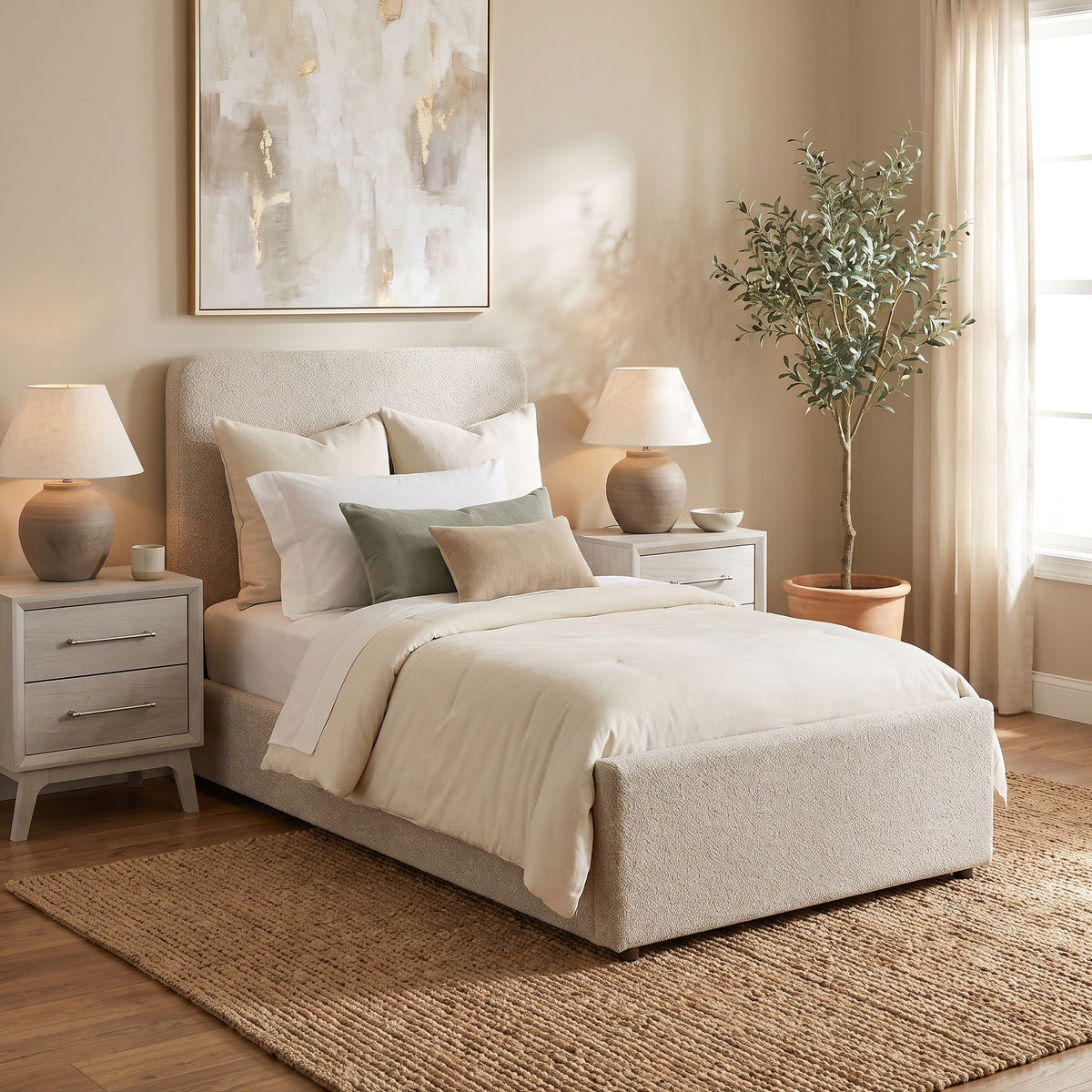 Stellar Beige Boucle Twin UPH Bed with 13 Slats - Ornate Home