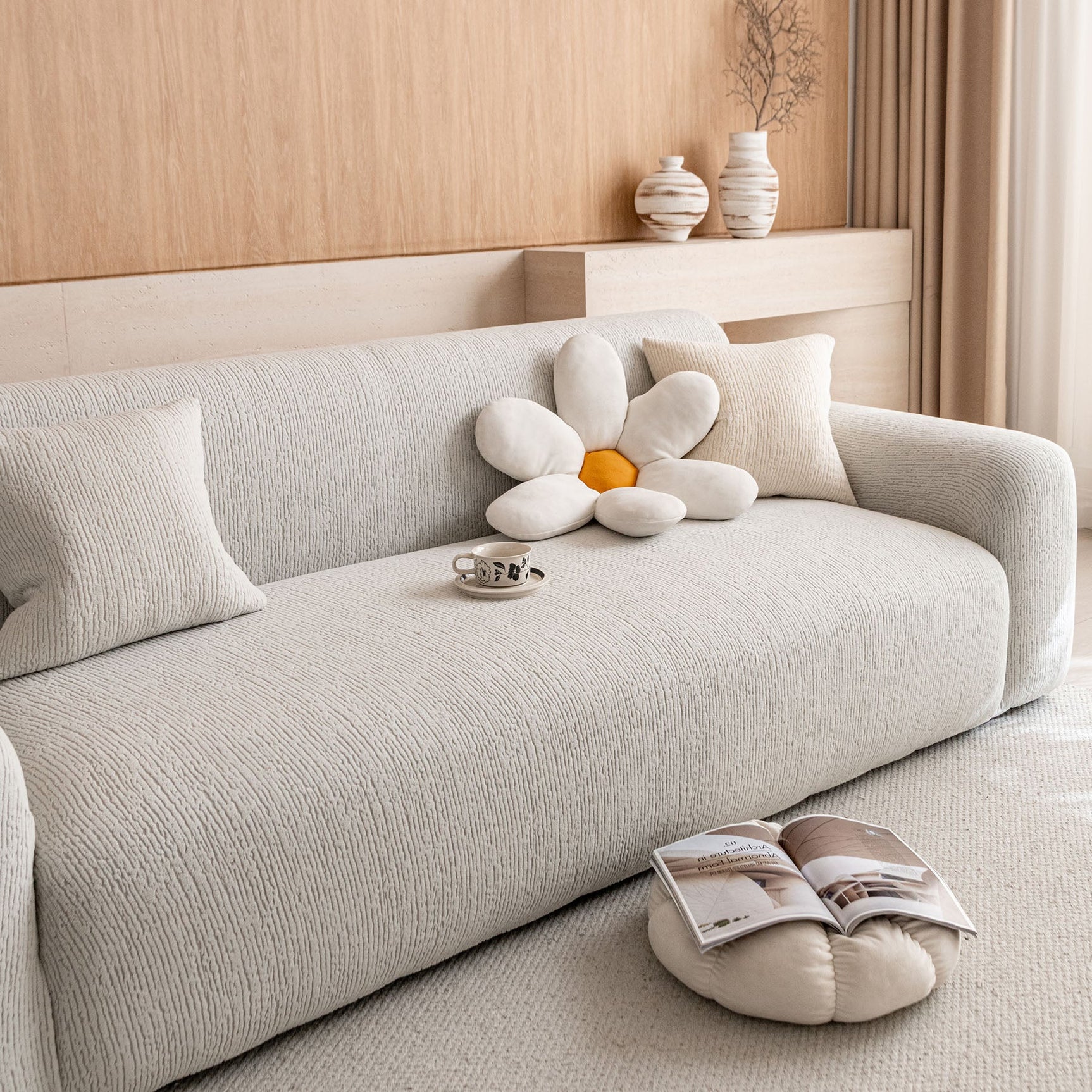 Stretch Textured Vertical Stripe Couch Slipcover, Soft Jacquard Elastic Sofa Cover - Ornate Home