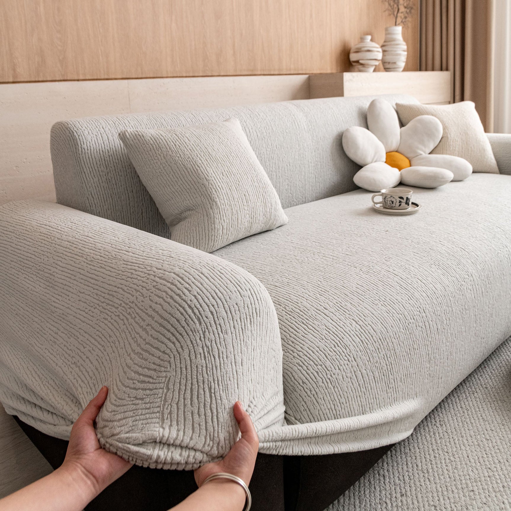 Stretch Textured Vertical Stripe Couch Slipcover, Soft Jacquard Elastic Sofa Cover - Ornate Home