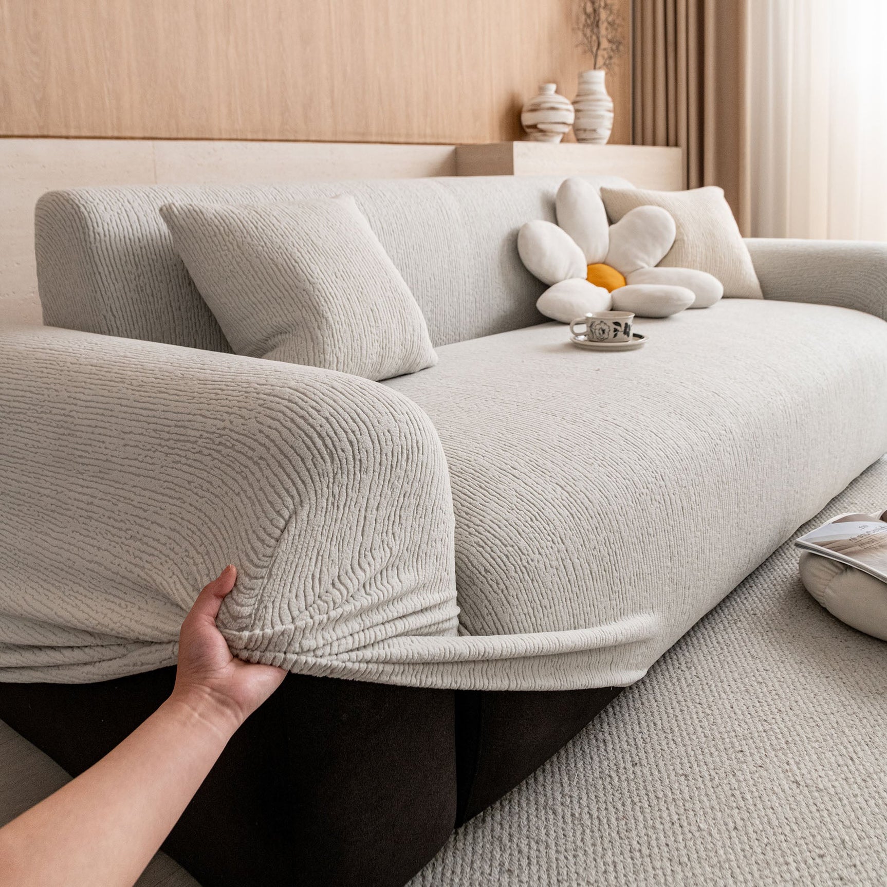 Stretch Textured Vertical Stripe Couch Slipcover, Soft Jacquard Elastic Sofa Cover - Ornate Home
