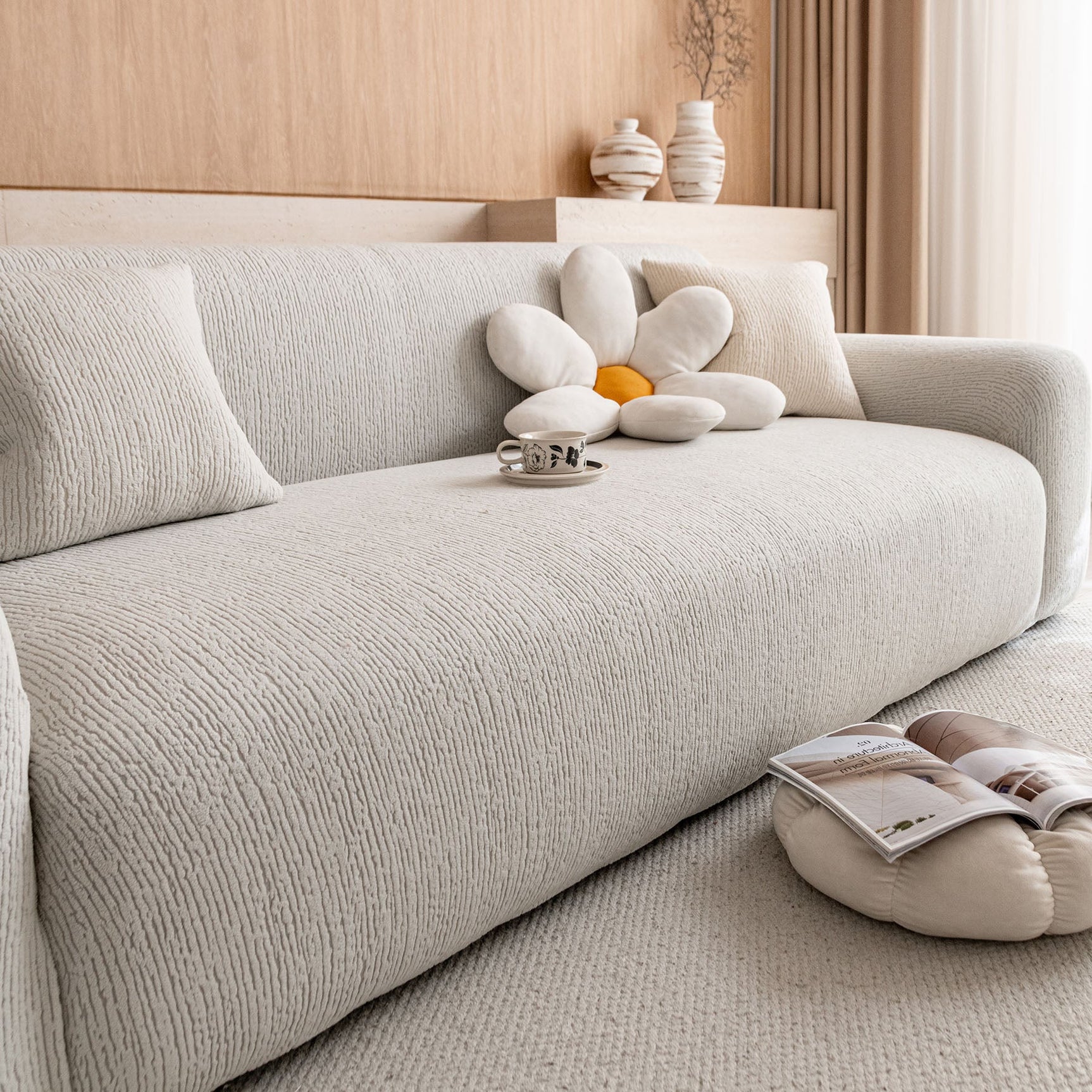 Stretch Textured Vertical Stripe Couch Slipcover, Soft Jacquard Elastic Sofa Cover - Ornate Home