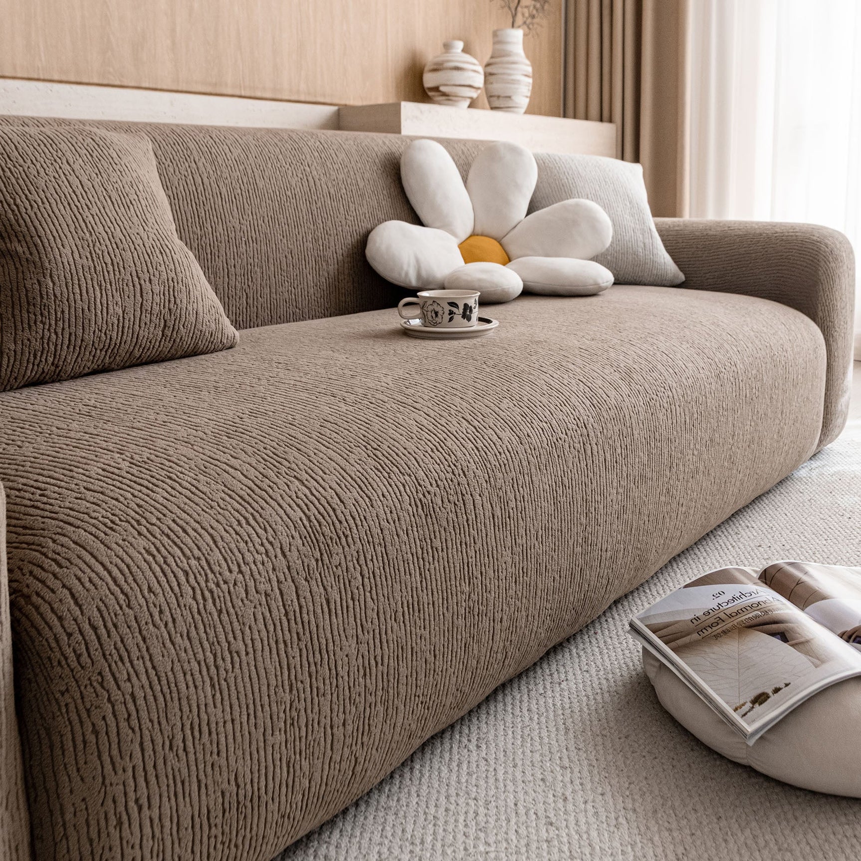 Stretch Textured Vertical Stripe Couch Slipcover, Soft Jacquard Elastic Sofa Cover - Ornate Home