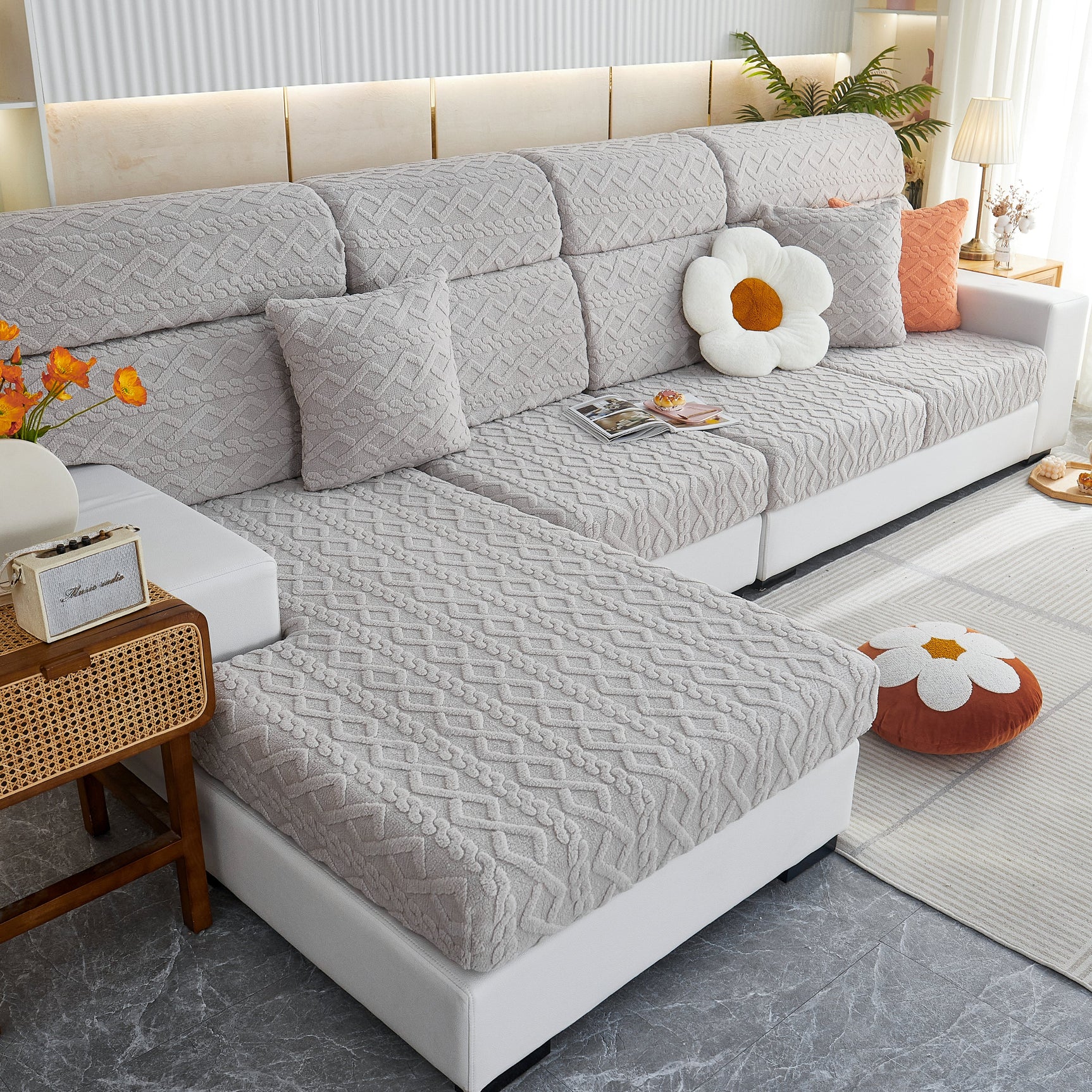 Stretchable Cotton Velvet Non-Slip Furniture Covers Couch Cushion Covers for L-Shaped Sofa, Pets - Ornate Home