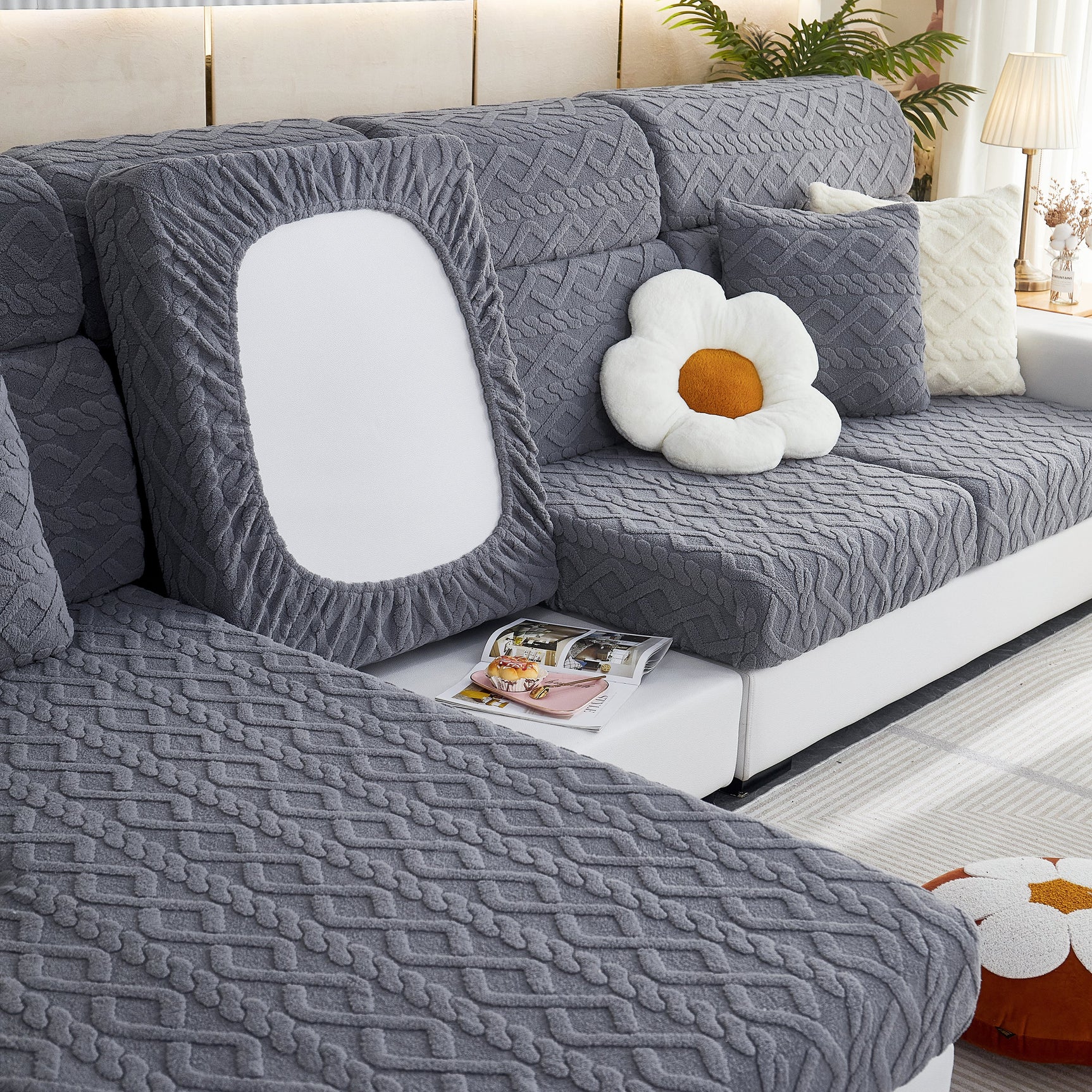 Stretchable Cotton Velvet Non-Slip Furniture Covers Couch Cushion Covers for L-Shaped Sofa, Pets - Ornate Home