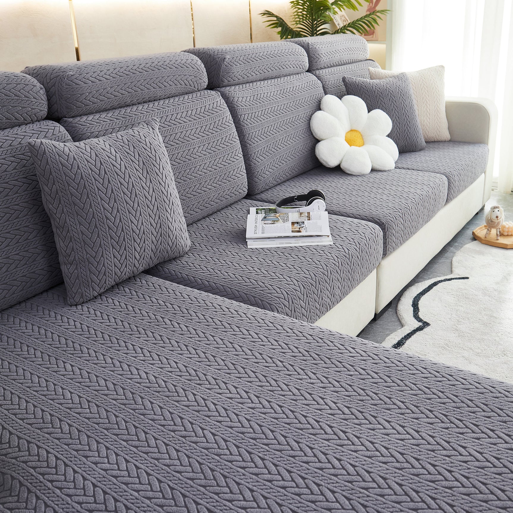 Stretchable Jacquard Polar Fleece Sofa Cover Non-Slip Furniture Protector for Pets L-Shaped Couch Slipcovers - Ornate Home