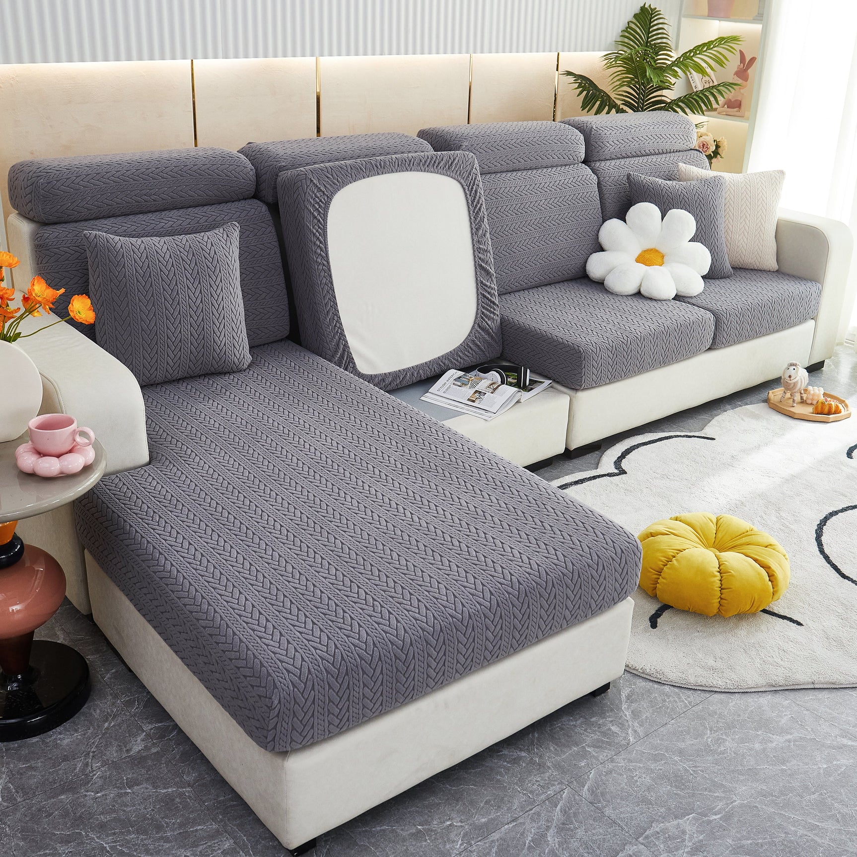 Stretchable Jacquard Polar Fleece Sofa Cover Non-Slip Furniture Protector for Pets L-Shaped Couch Slipcovers - Ornate Home