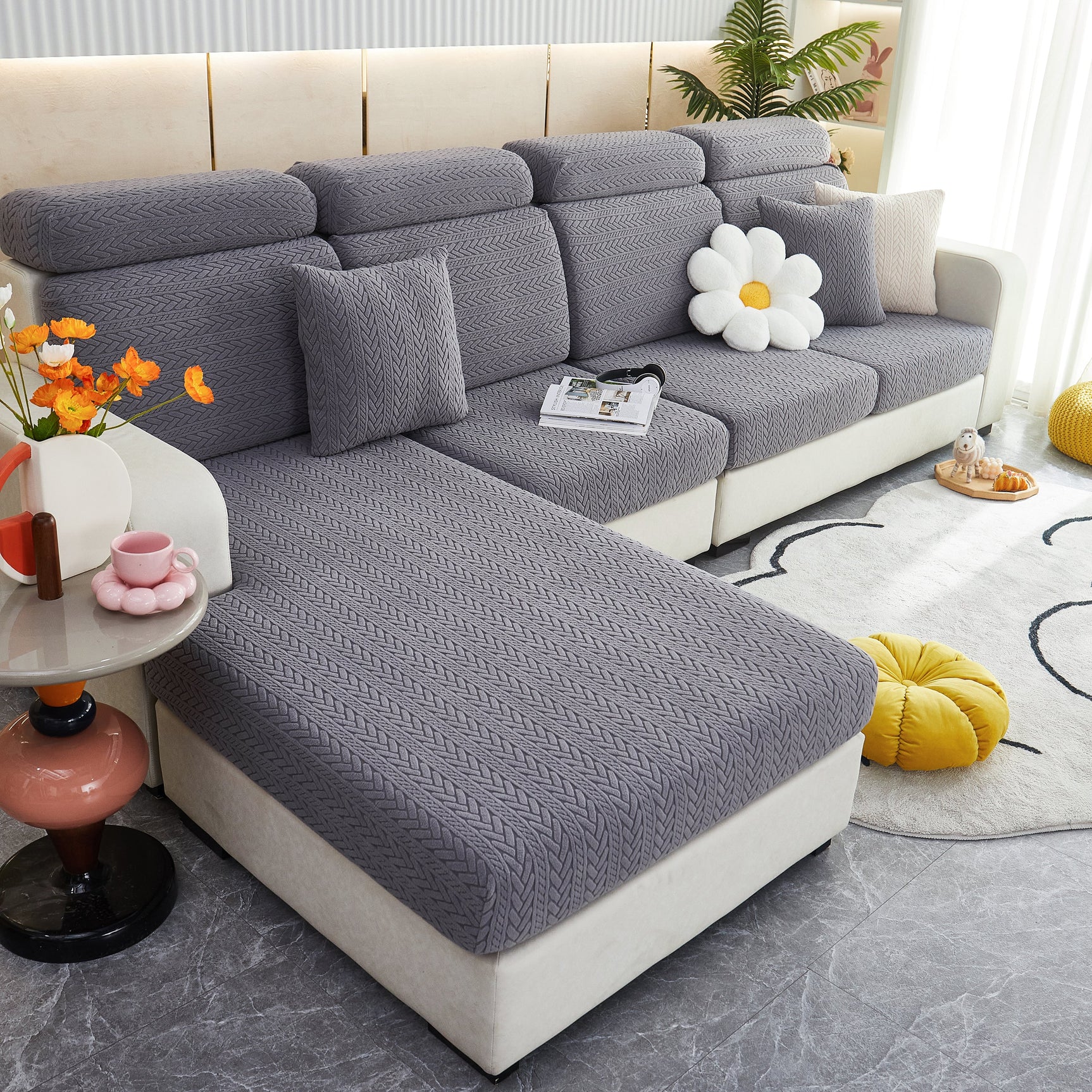 Stretchable Jacquard Polar Fleece Sofa Cover Non-Slip Furniture Protector for Pets L-Shaped Couch Slipcovers - Ornate Home