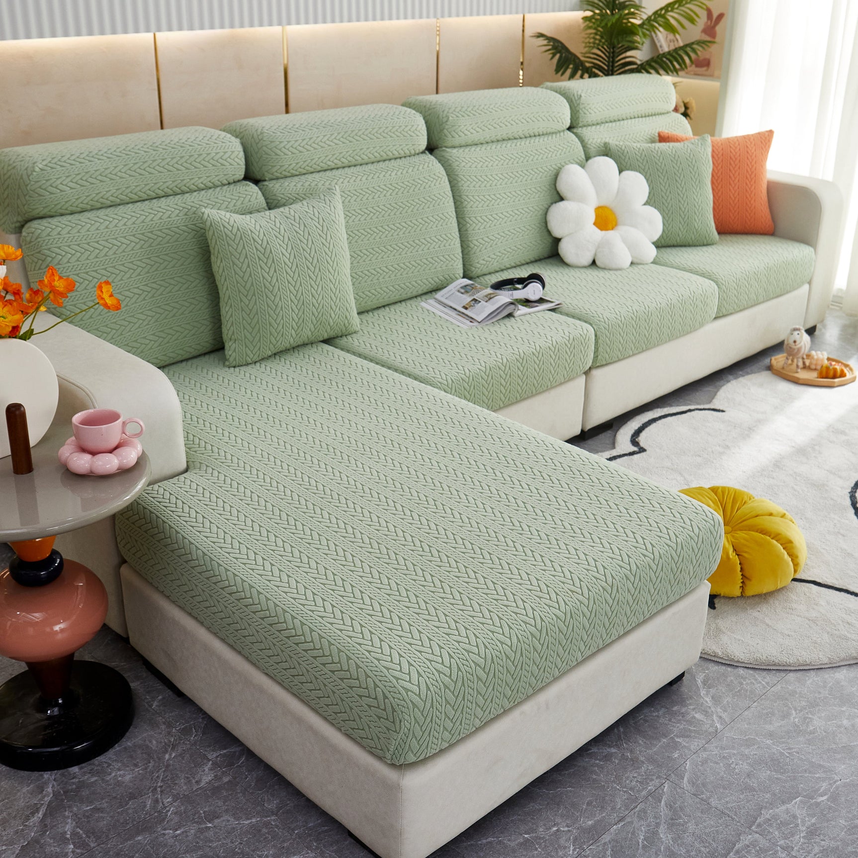 Stretchable Jacquard Polar Fleece Sofa Cover Non-Slip Furniture Protector for Pets L-Shaped Couch Slipcovers - Ornate Home