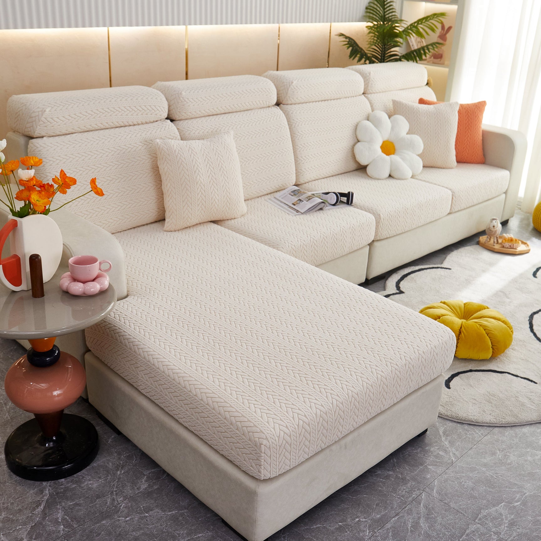 Stretchable Jacquard Polar Fleece Sofa Cover Non-Slip Furniture Protector for Pets L-Shaped Couch Slipcovers - Ornate Home