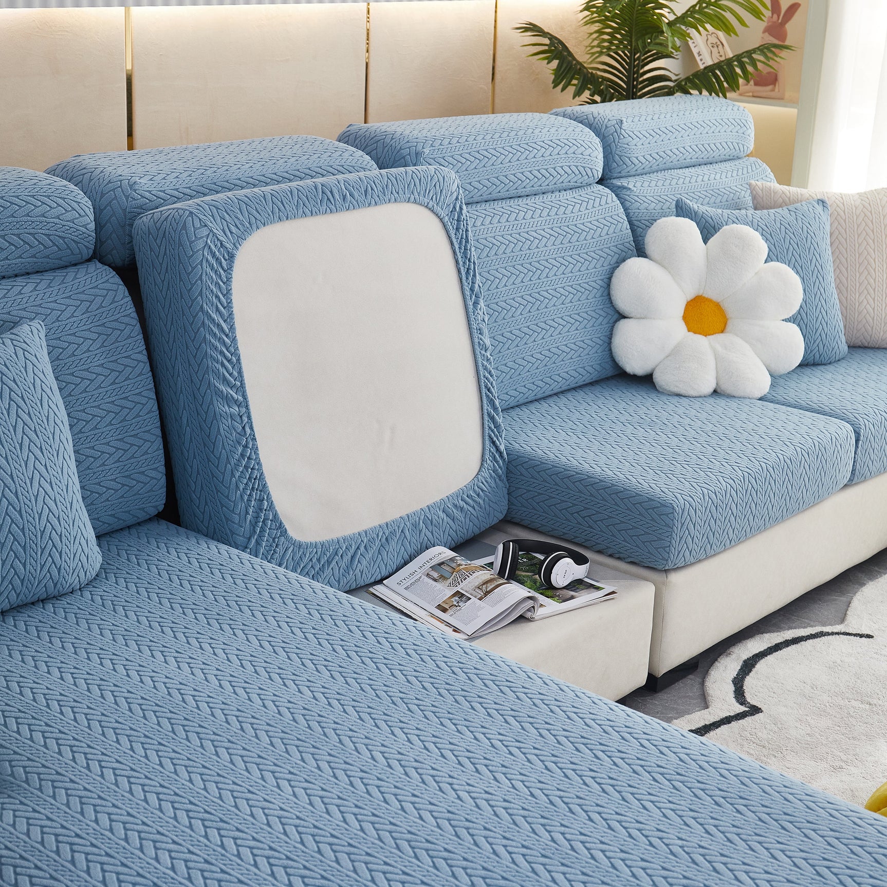 Stretchable Jacquard Polar Fleece Sofa Cover Non-Slip Furniture Protector for Pets L-Shaped Couch Slipcovers - Ornate Home